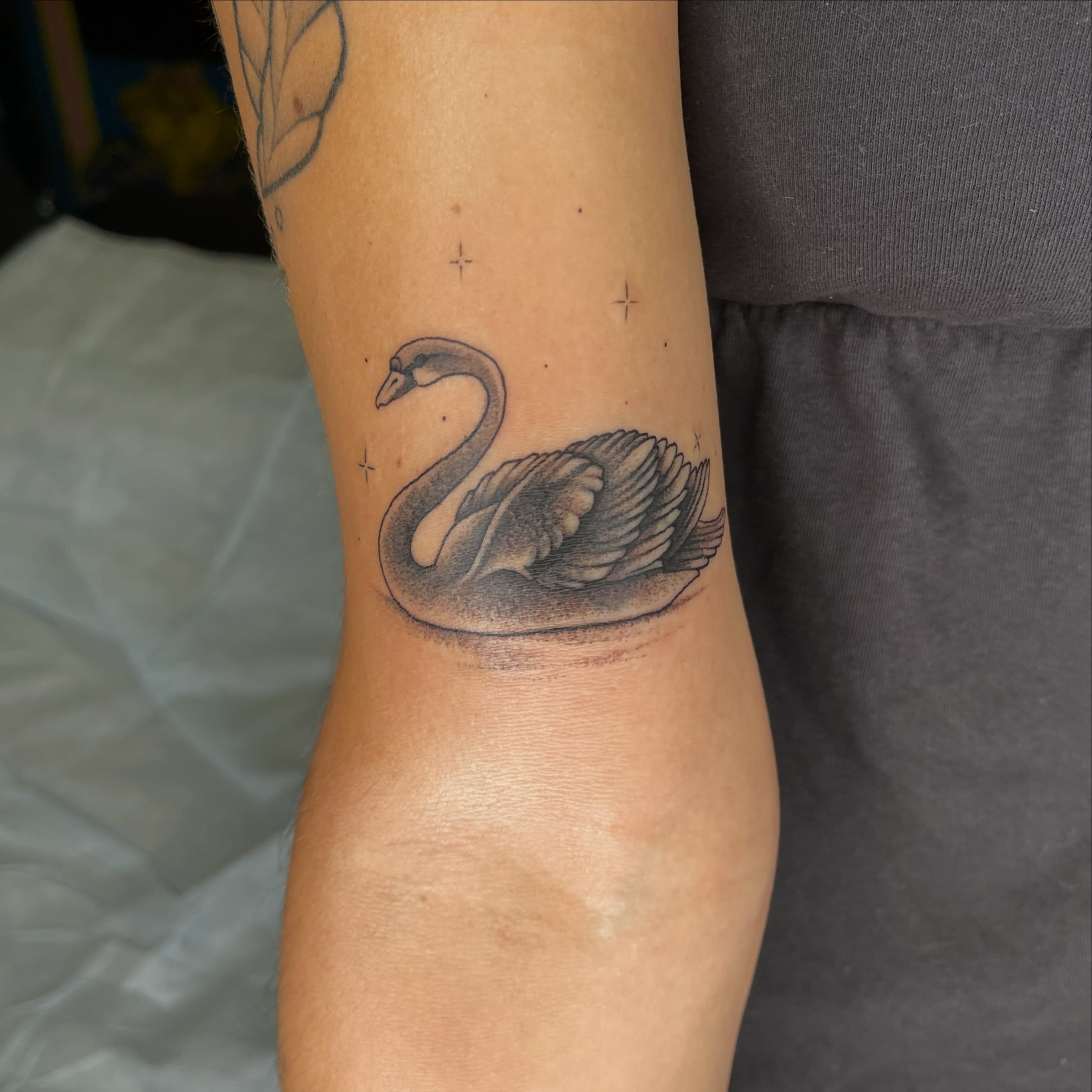 Swan dotwork tattoo on the forearm by Allison Gallagher