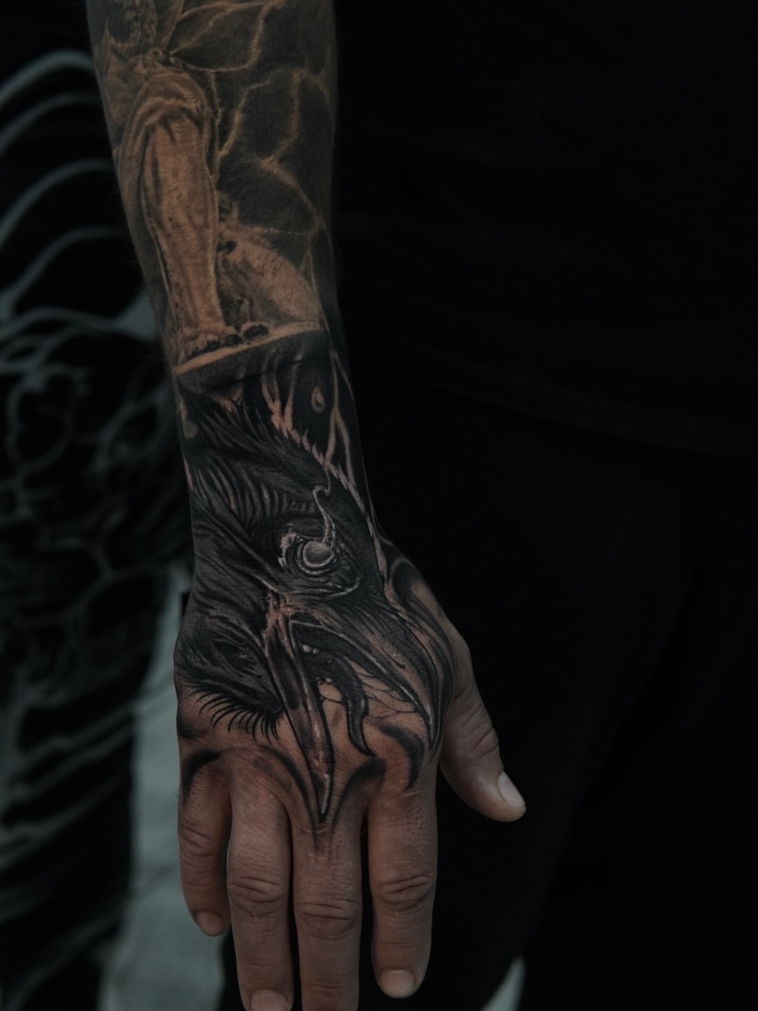 Demon dark realism tattoo on the hand by Sebastian