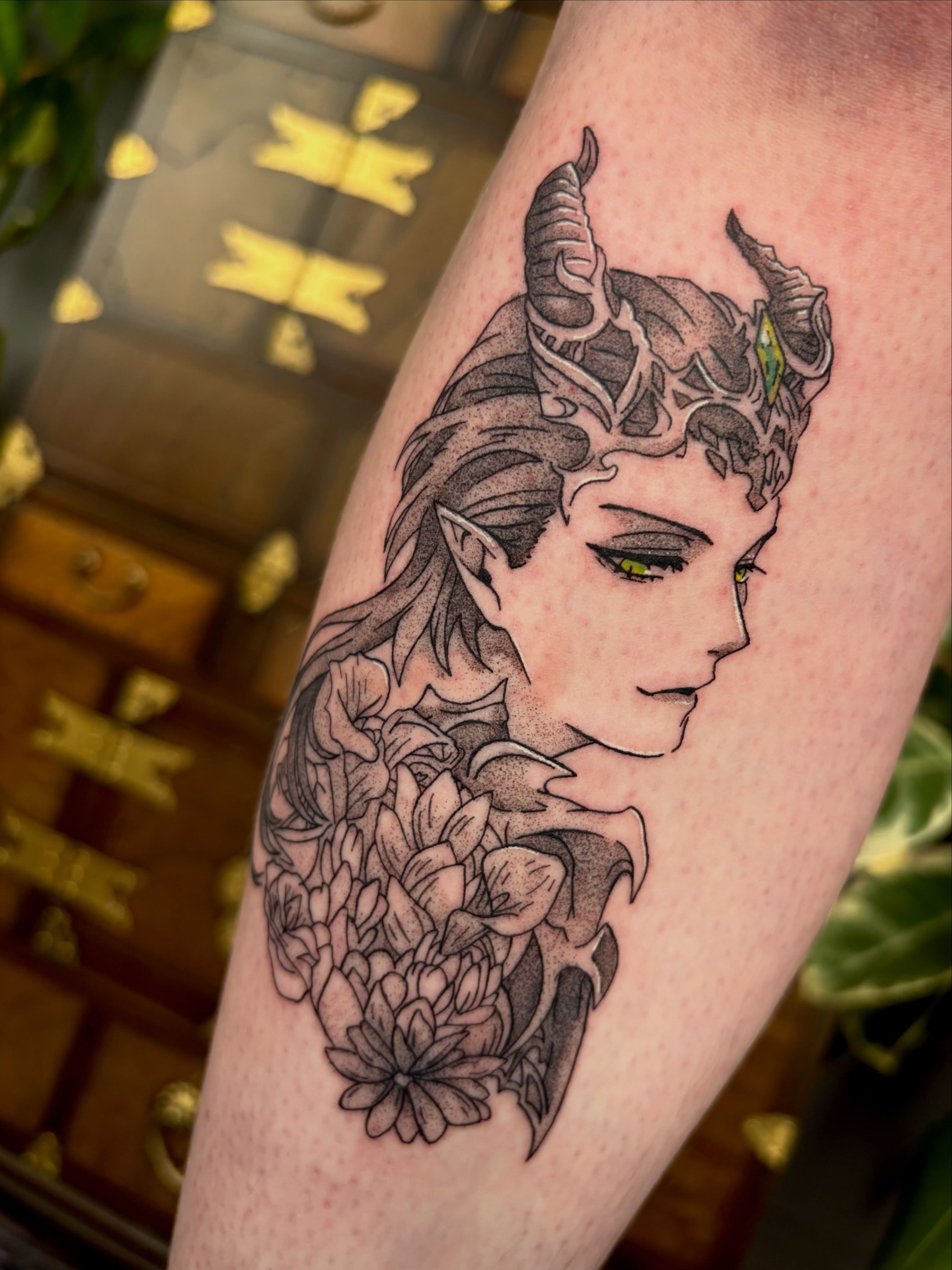 Elf with horns and flowers realism tattoo on the forearm by mia aka chuu (◕ ˬ ◕ ✿)