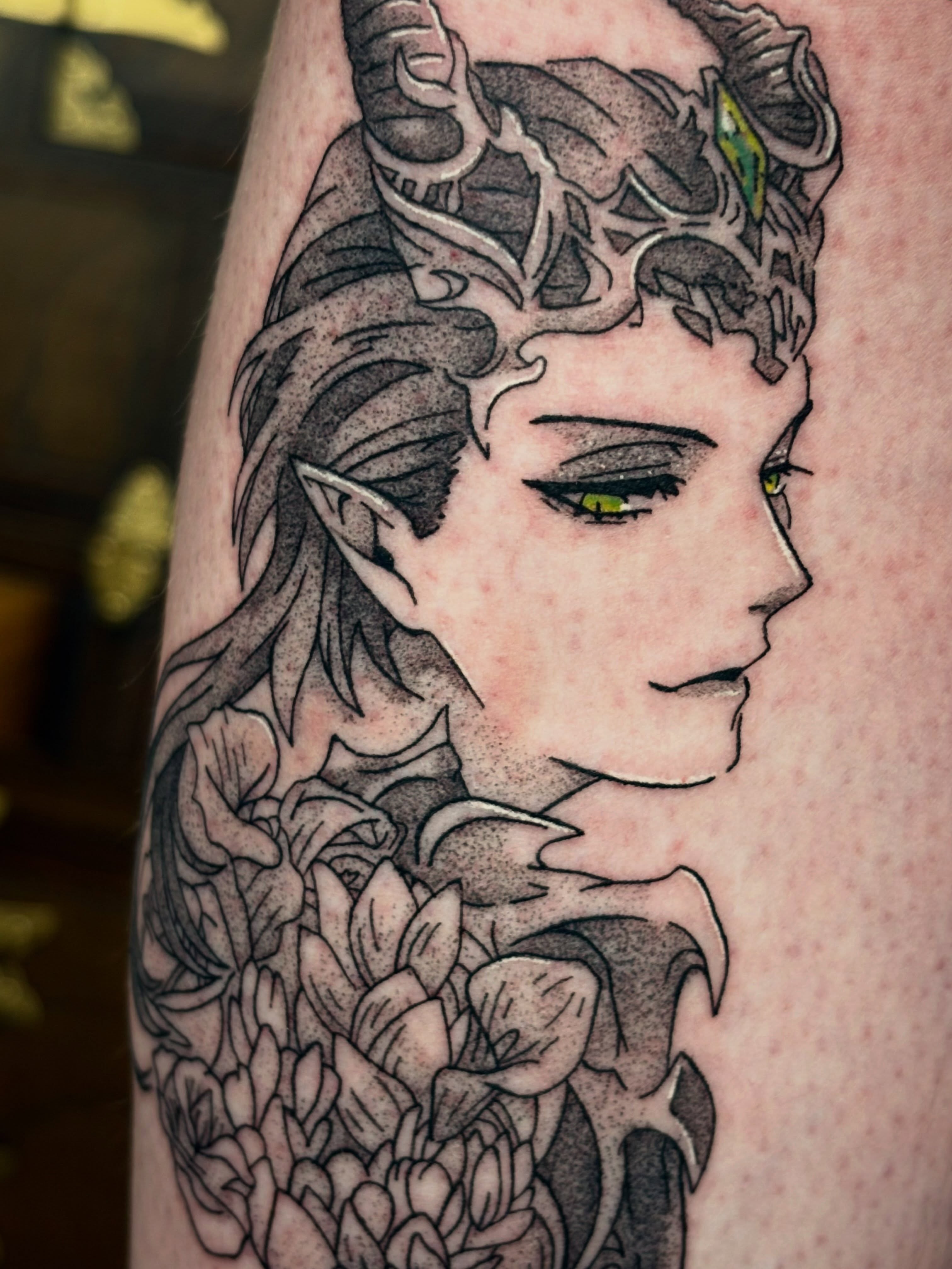 Elf woman dotwork tattoo on the forearm by mia aka chuu (◕ ˬ ◕ ✿)