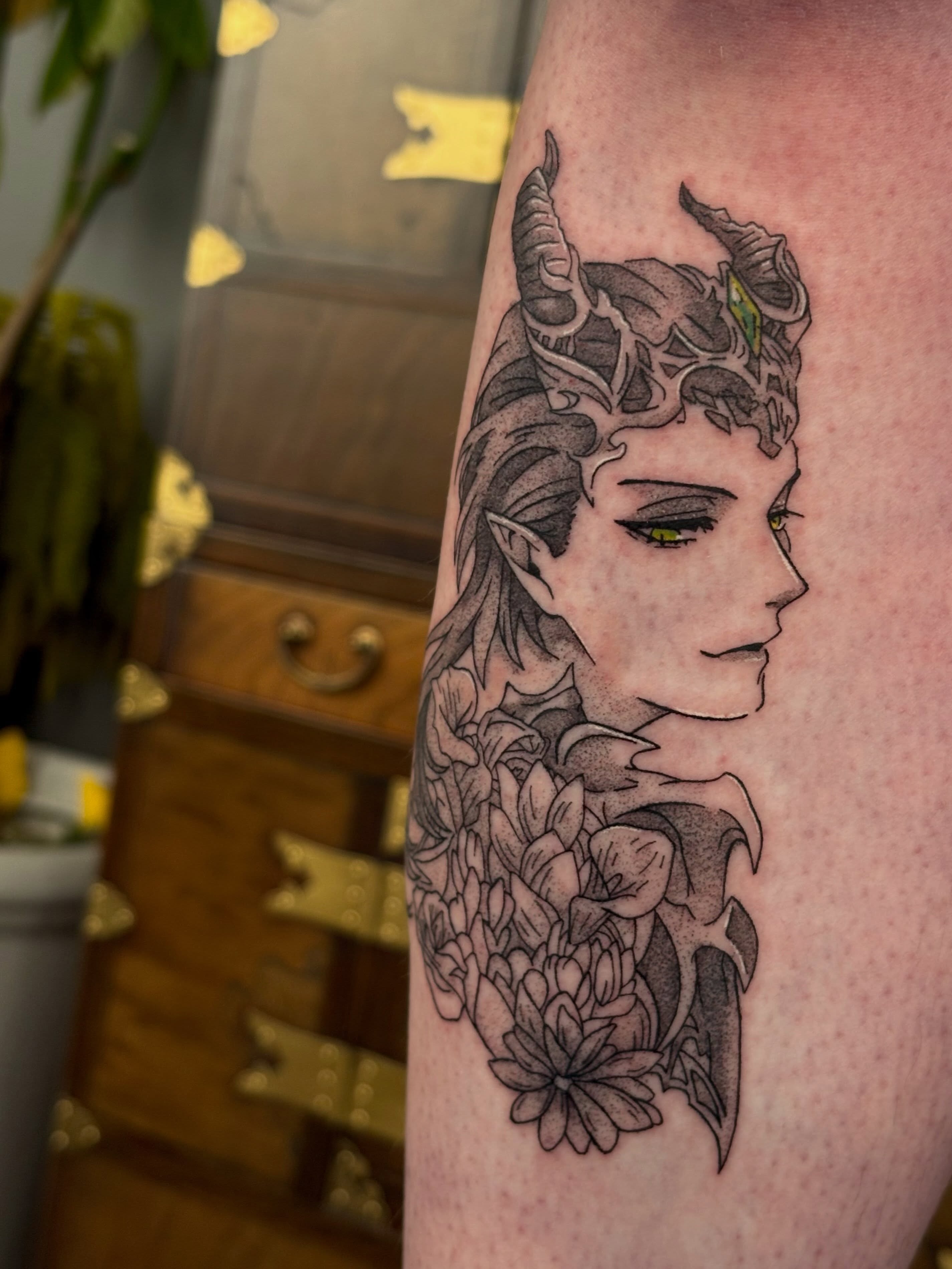 Elf with horns realism tattoo on the forearm by mia aka chuu (◕ ˬ ◕ ✿)