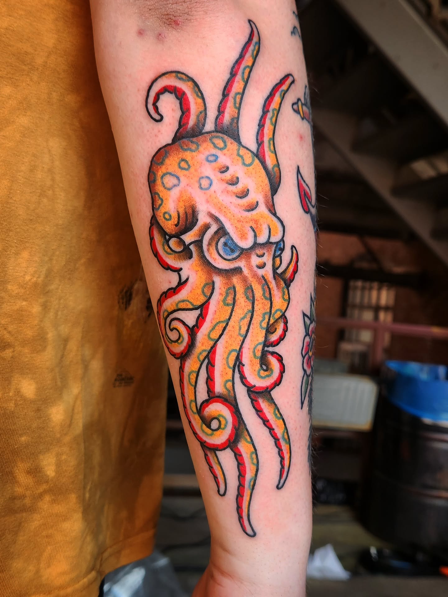 Octopus American traditional tattoo on the forearm by Douglas Grady