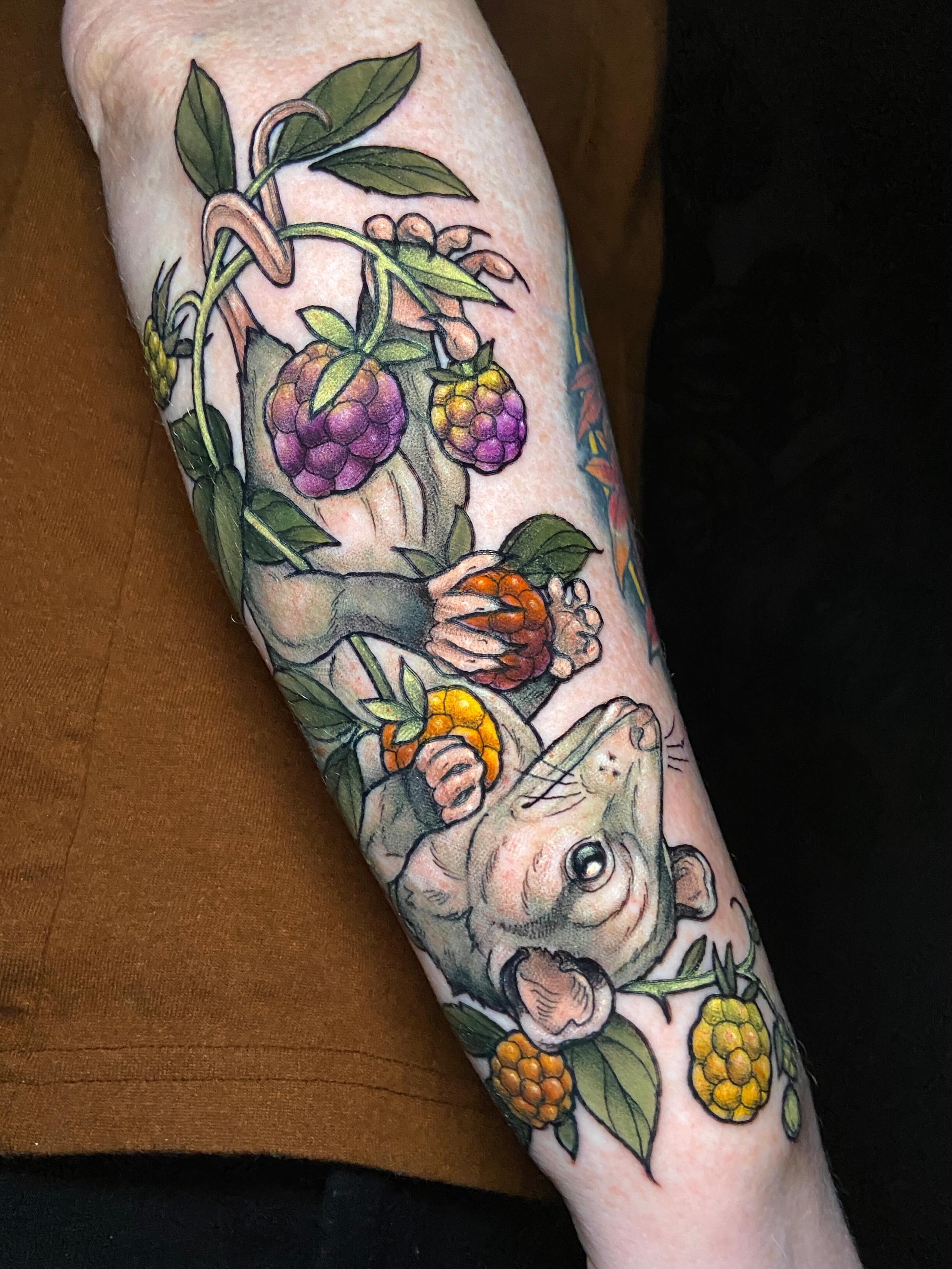 Monkey and fruit American traditional tattoo on the forearm by Dawn Carr, Richmond, Virginia