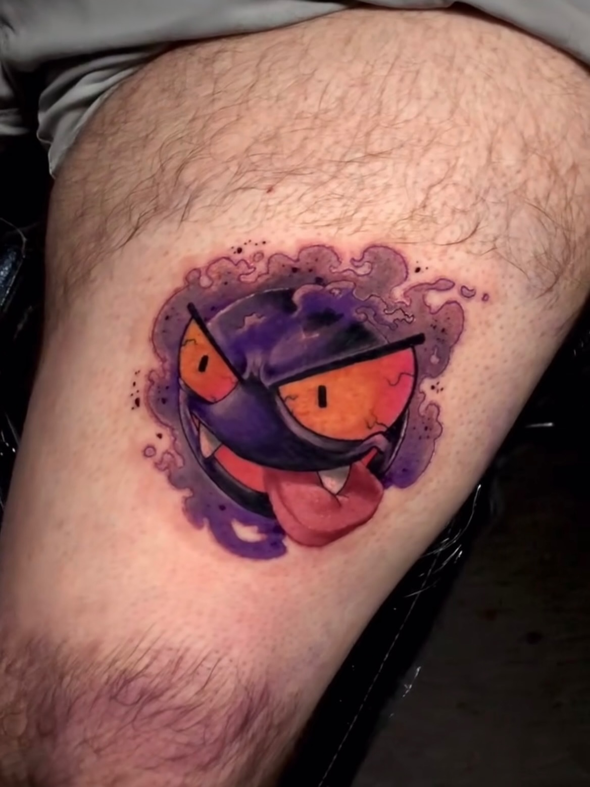 Gengar dotwork tattoo on the thigh by Frank Miller