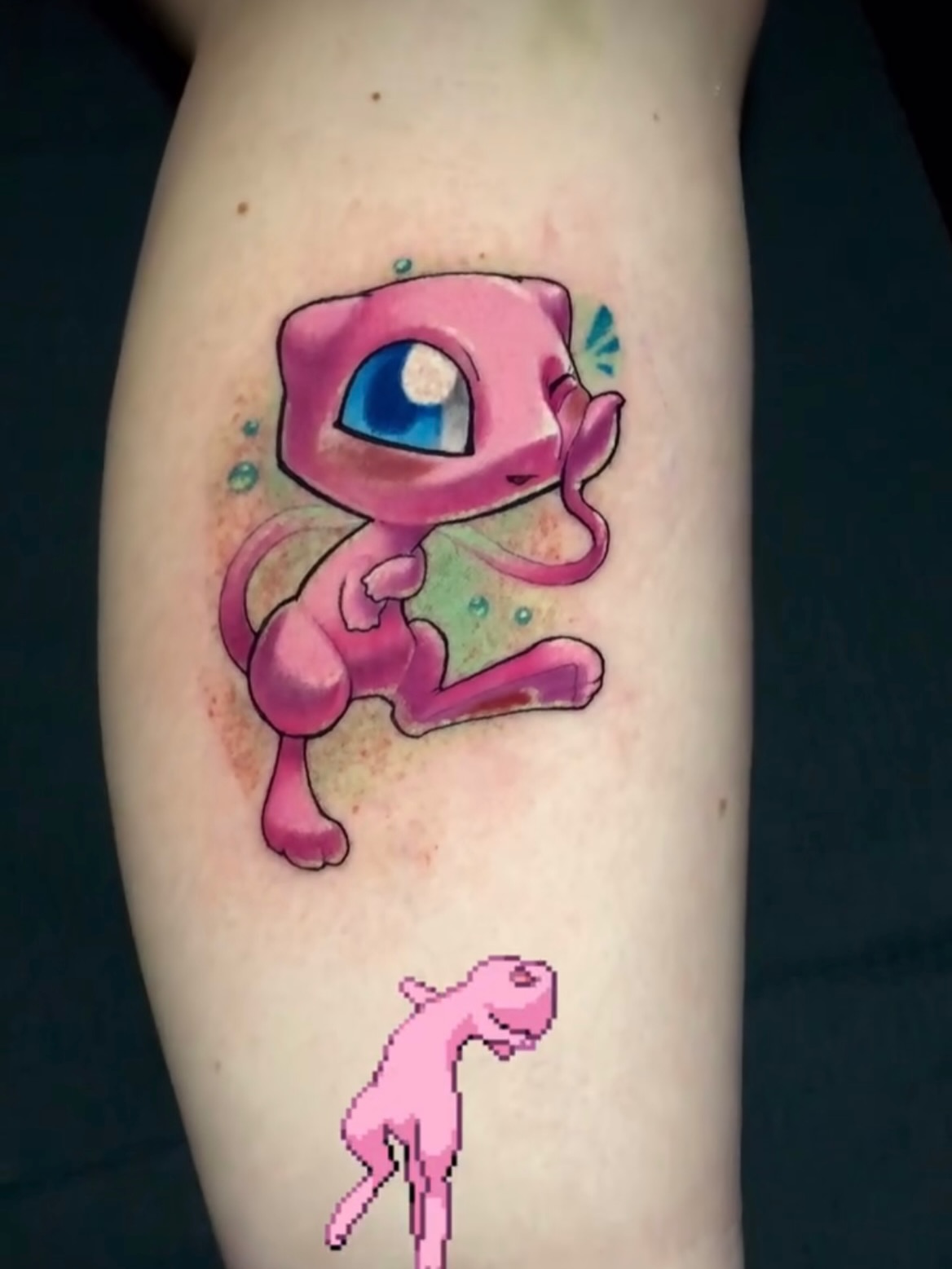 Mew dotwork tattoo on the forearm by Frank Miller