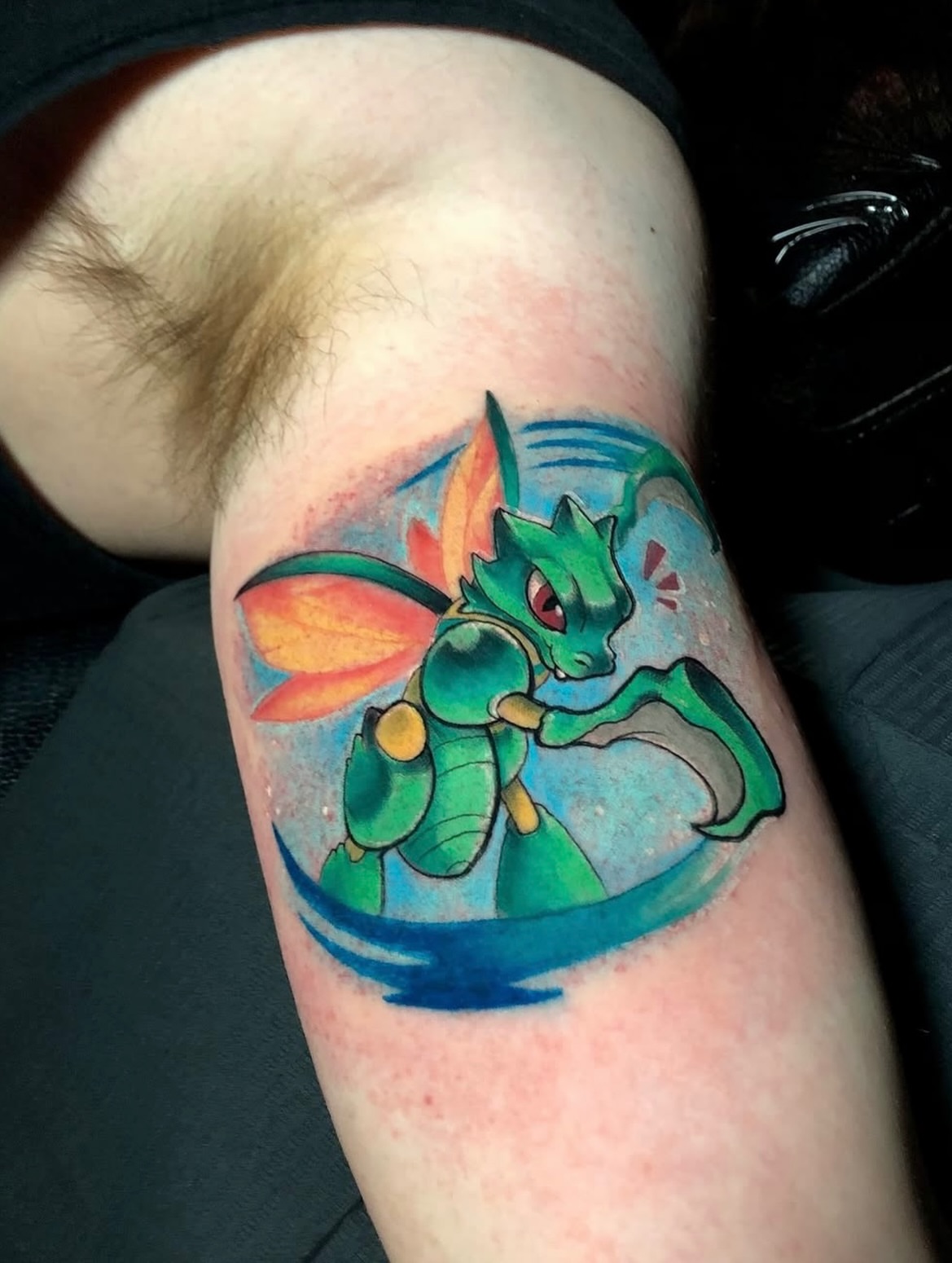 Dragonfly-like creature new school tattoo on the forearm by Frank Miller