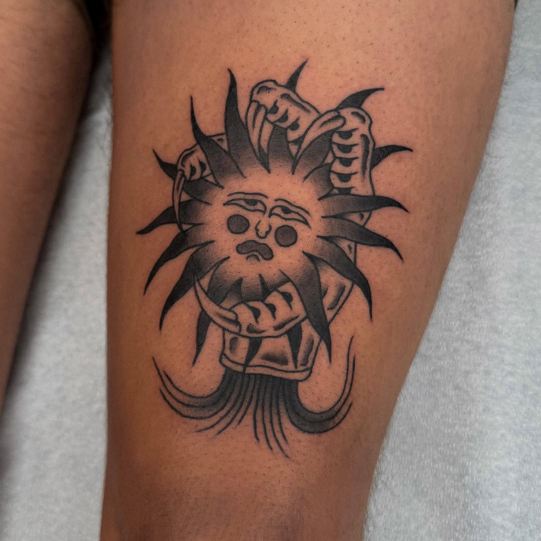 Demon black and grey tattoo on the thigh by nicky joe