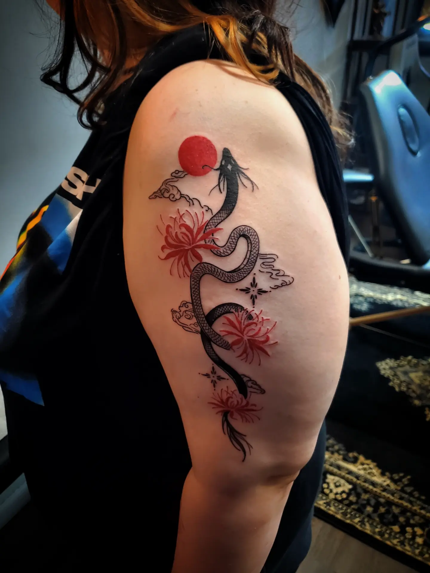 Snake and chrysanthemum japanese irezumi tattoo on the shoulder by Shailey Pasquale