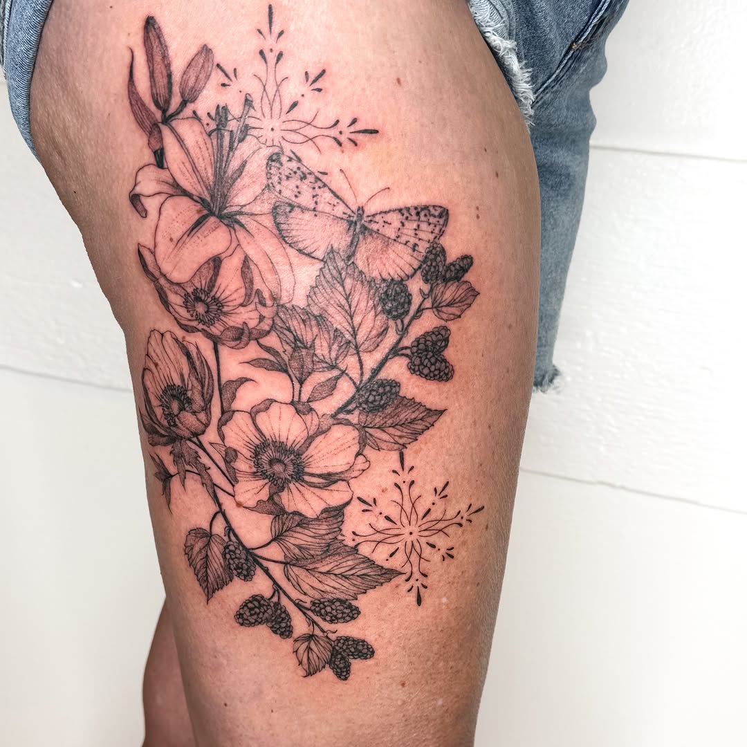 Floral bouquet realism tattoo on the thigh by ❁ Marlo Marquise Tattoo Artist ❁