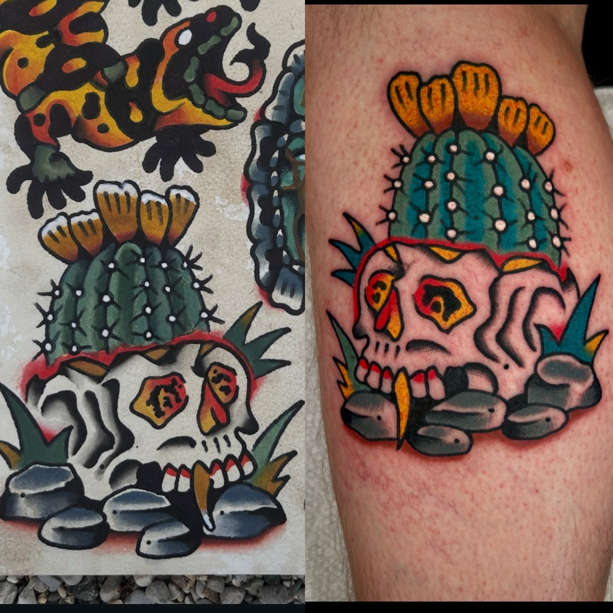 Skull with cactus crown American traditional tattoo on the forearm by Kit Miller, Indianapolis, Indiana