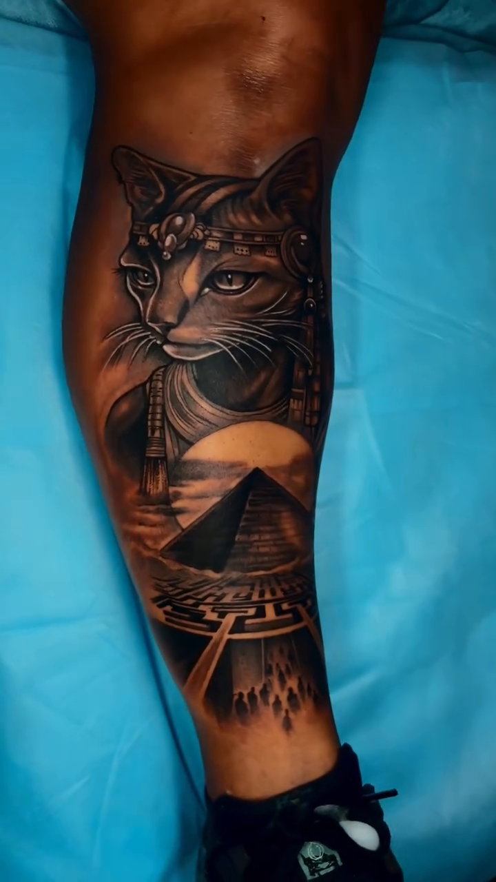 Egyptian cat and pyramid realism tattoo by Love