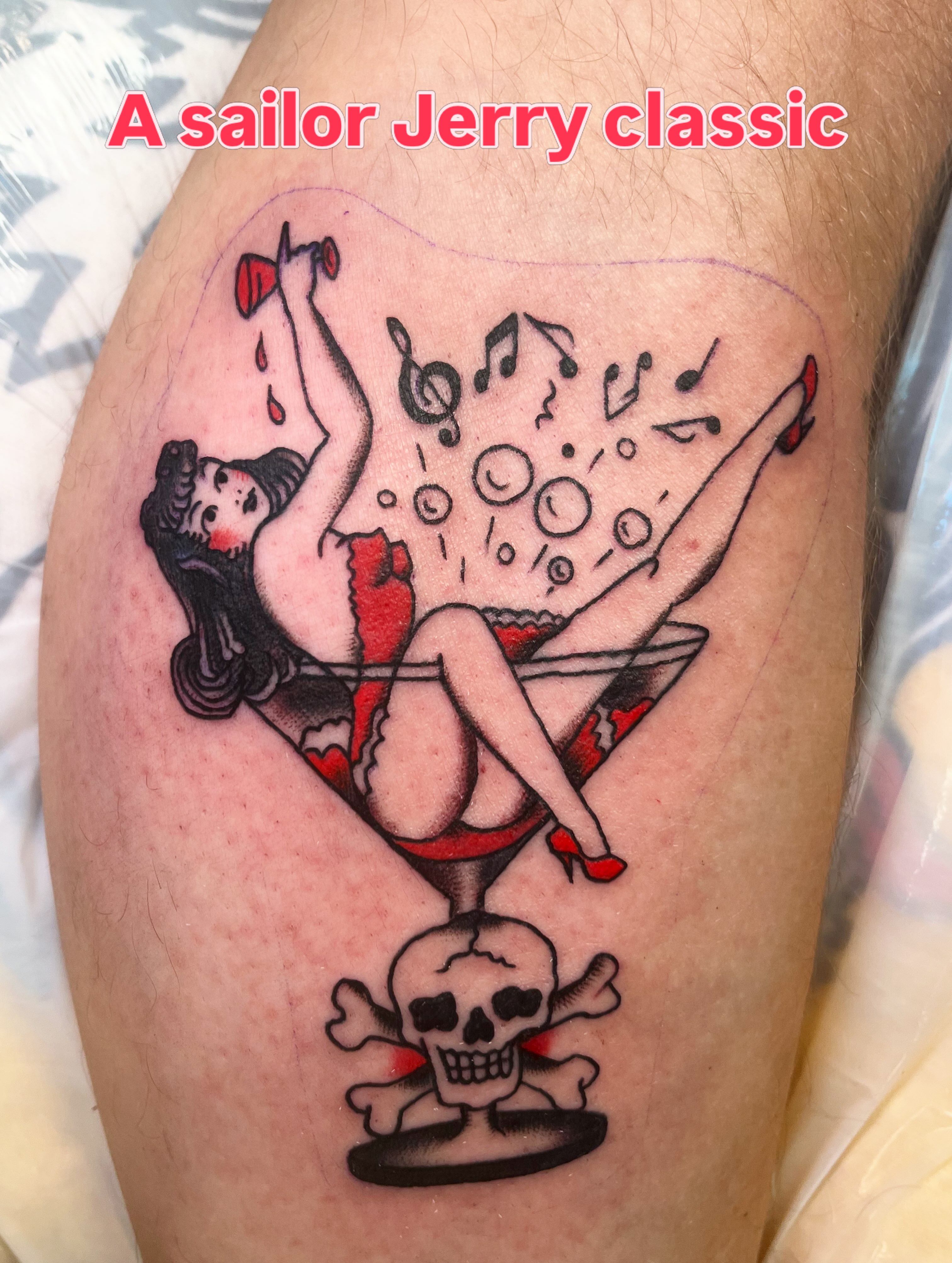 Sailor jerry classic American traditional tattoo on the thigh by Sean Swanson Tattoo Salem Oregon, Salem, Oregon