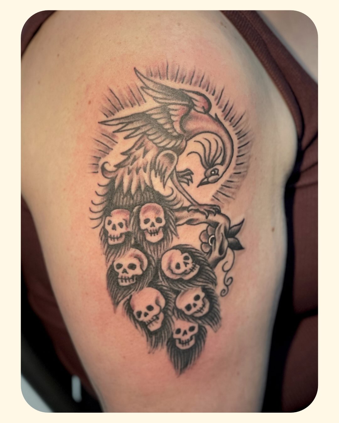 Bird and skulls black and grey tattoo on the shoulder by 𝐒𝐚𝐦𝐬𝐨𝐧𝐋𝐚𝐳𝐚𝐫𝐭𝐞