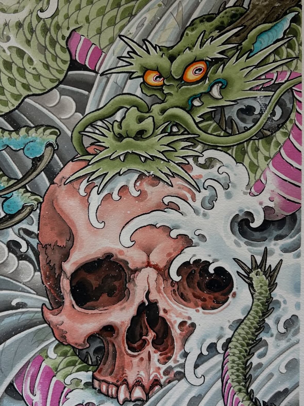 Skull and dragon japanese irezumi tattoo by Justin Weatherholtz, New York, New York