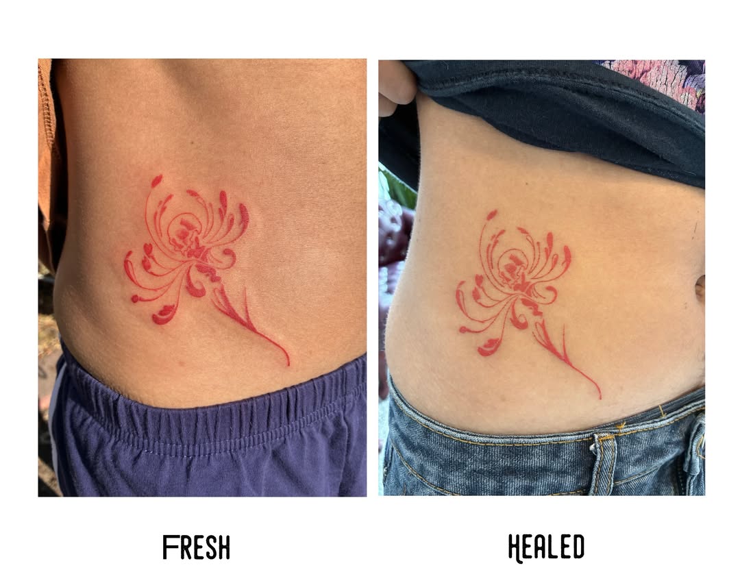 Floral design fine line tattoo on the torso by Xin.H