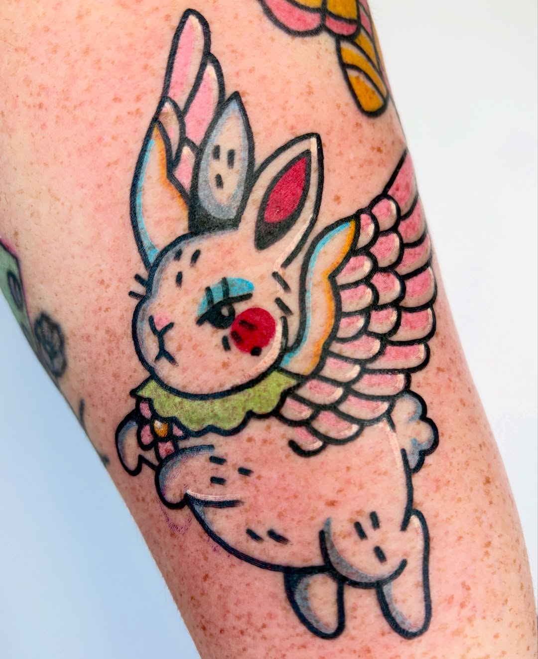 Bunny with wings American traditional tattoo on the forearm by Bella