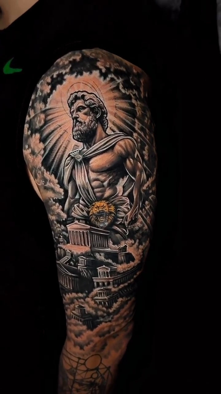 Greek mythology sleeve realism tattoo by Omar Sheriff Herrera