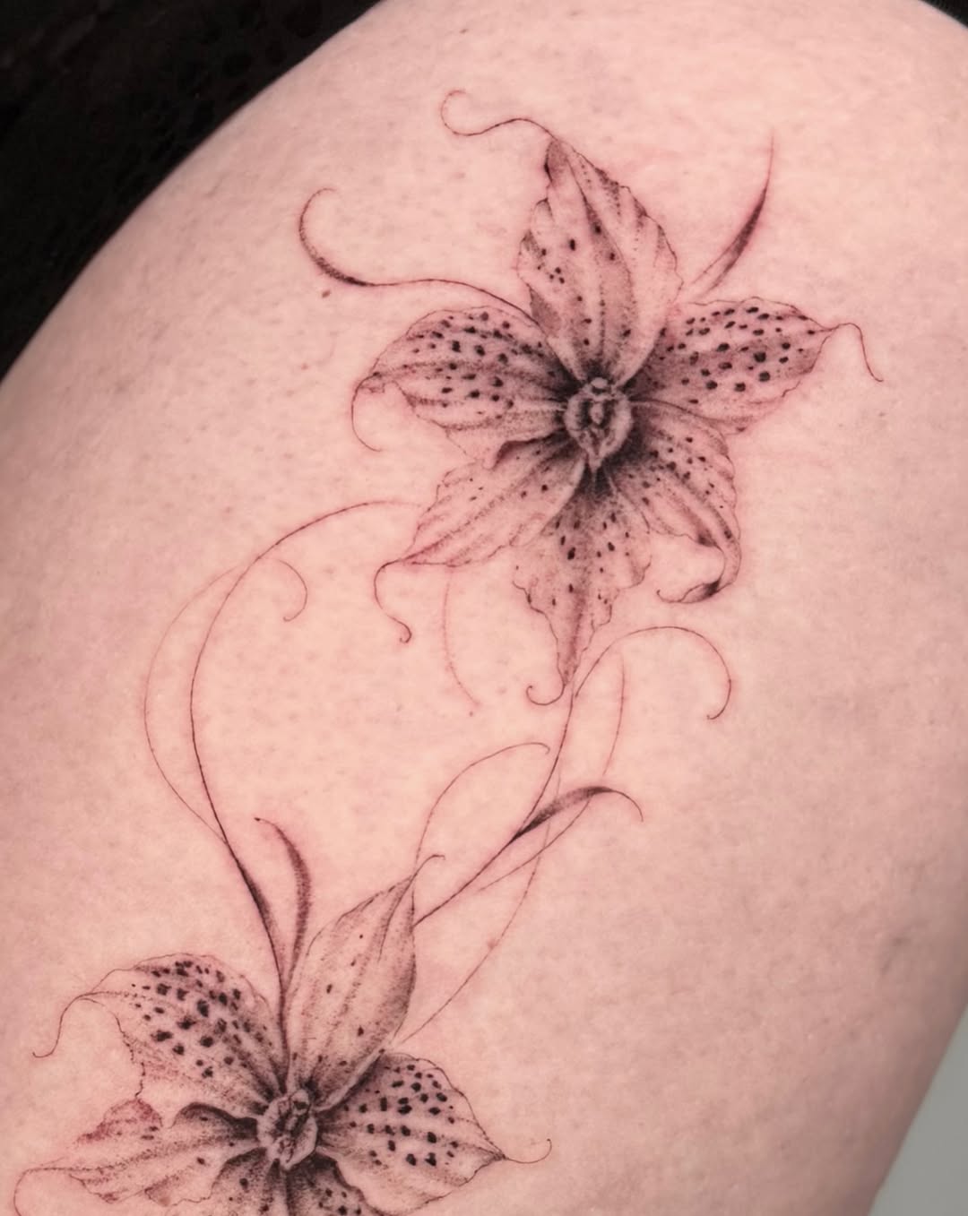 Lily black and grey tattoo on the thigh by Mariana; Fine Line Tattoo Artist