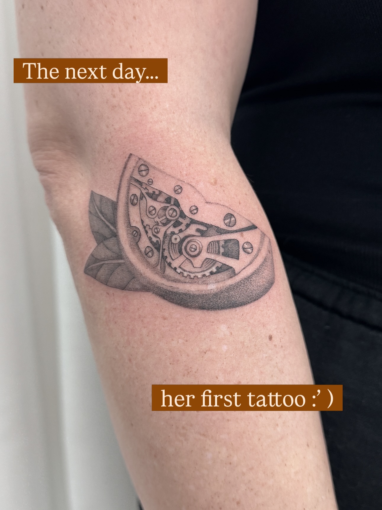 Mechanical gear black and grey tattoo on the forearm by Jasmine, Lynnwood, Washington