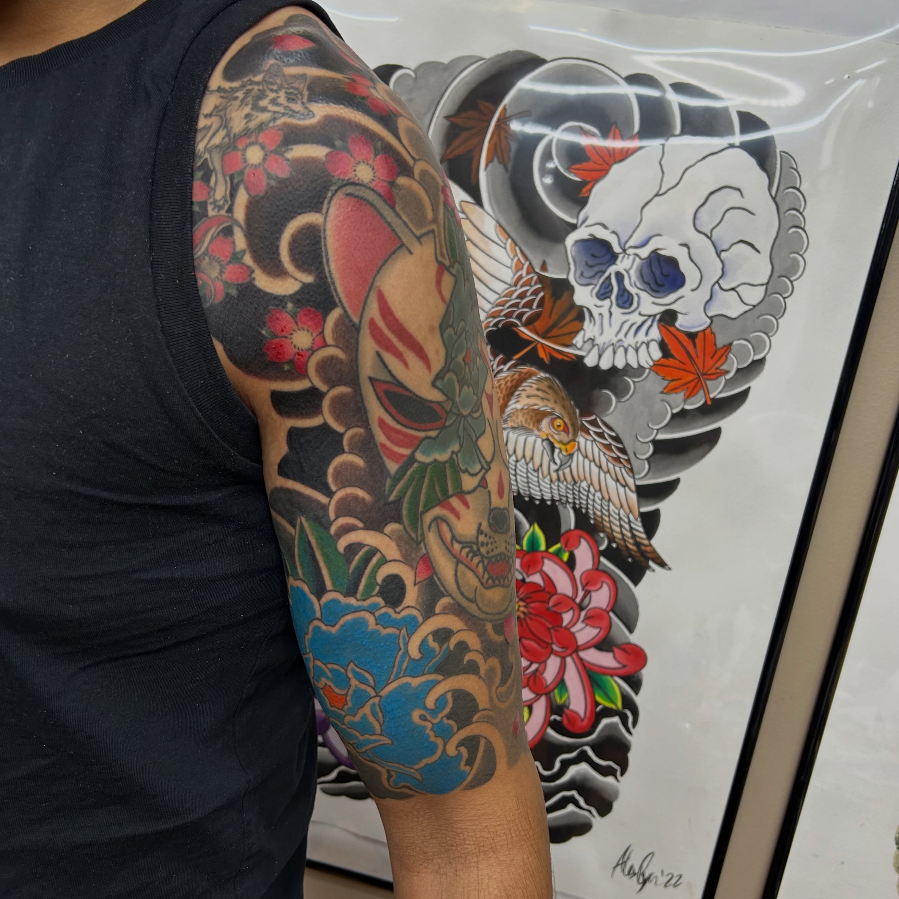 Skull and hawk japanese irezumi tattoo on the forearm by Alex Byrne