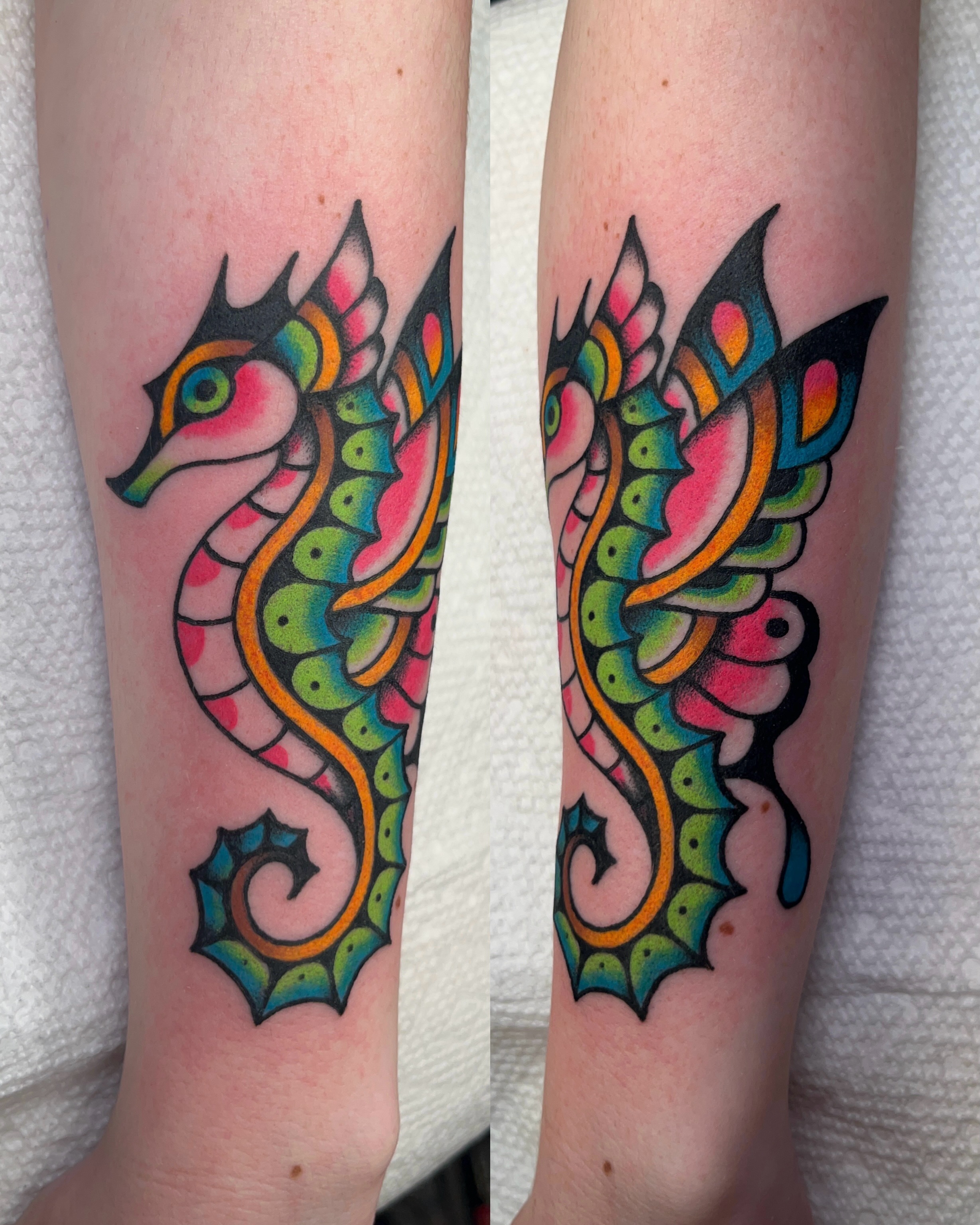 Seahorse new school tattoo on the forearm by Nat Power