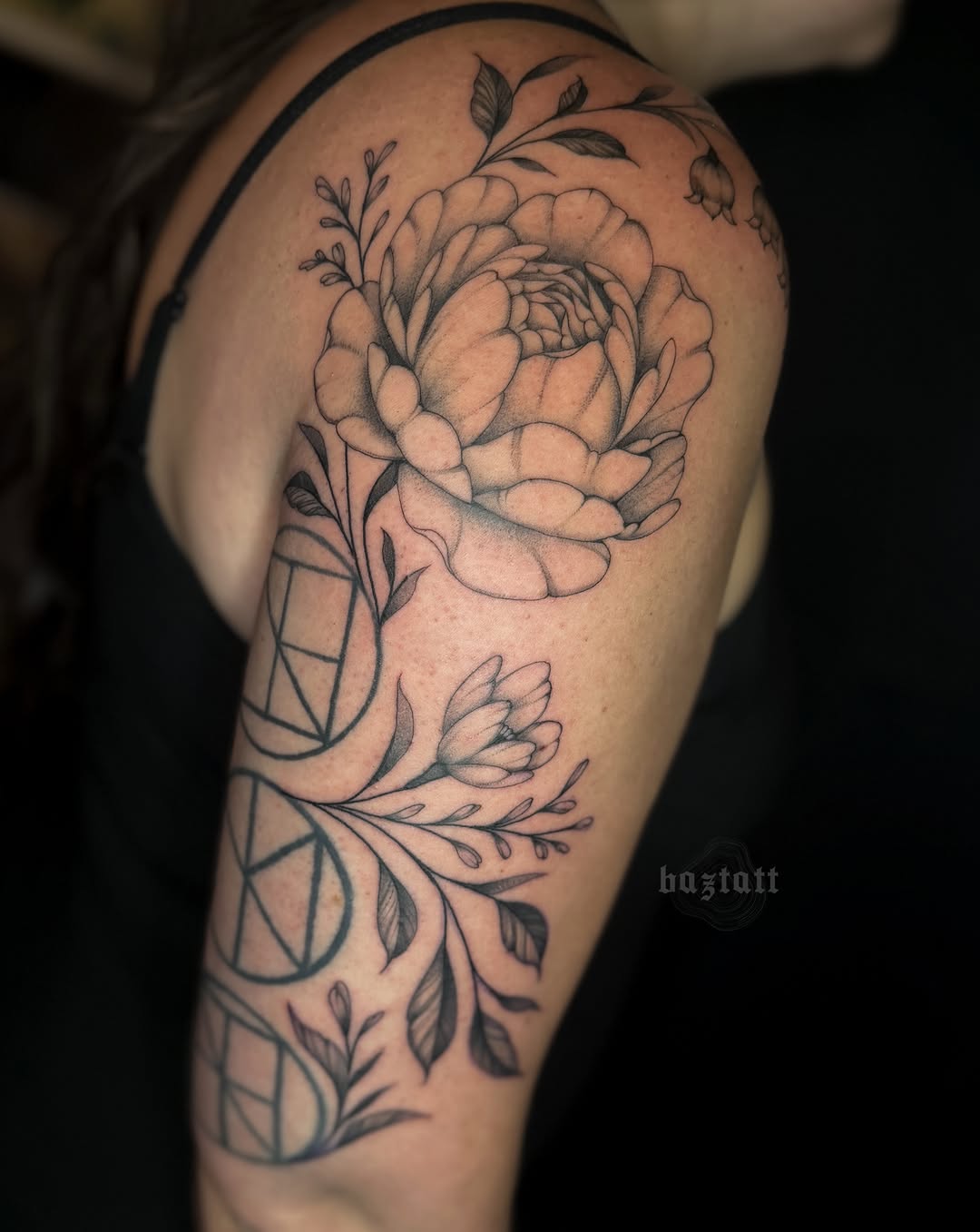 Peony and leaves realism tattoo on the shoulder by bri allura ✿ tattoo artist  ✿ cleveland, oh