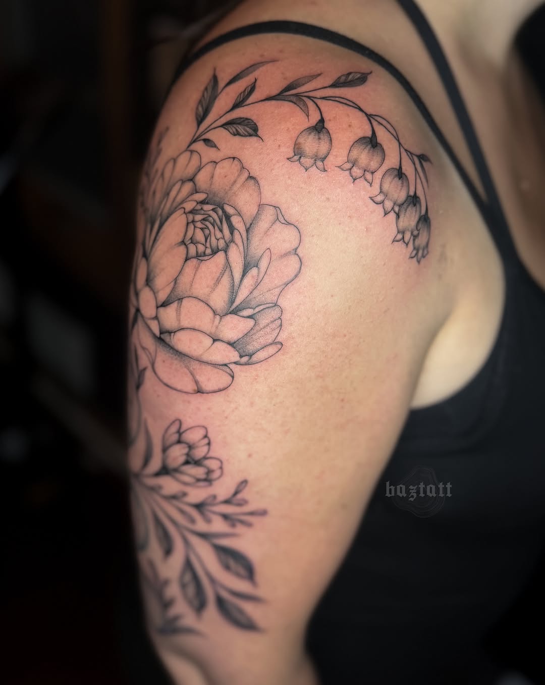 Peony and bellflowers black and grey tattoo on the shoulder by bri allura ✿ tattoo artist  ✿ cleveland, oh