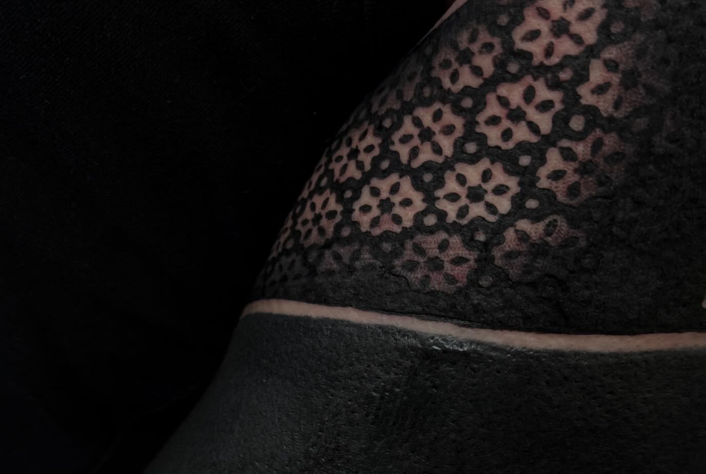 Geometric pattern dotwork tattoo on the shoulder by Josaline Green