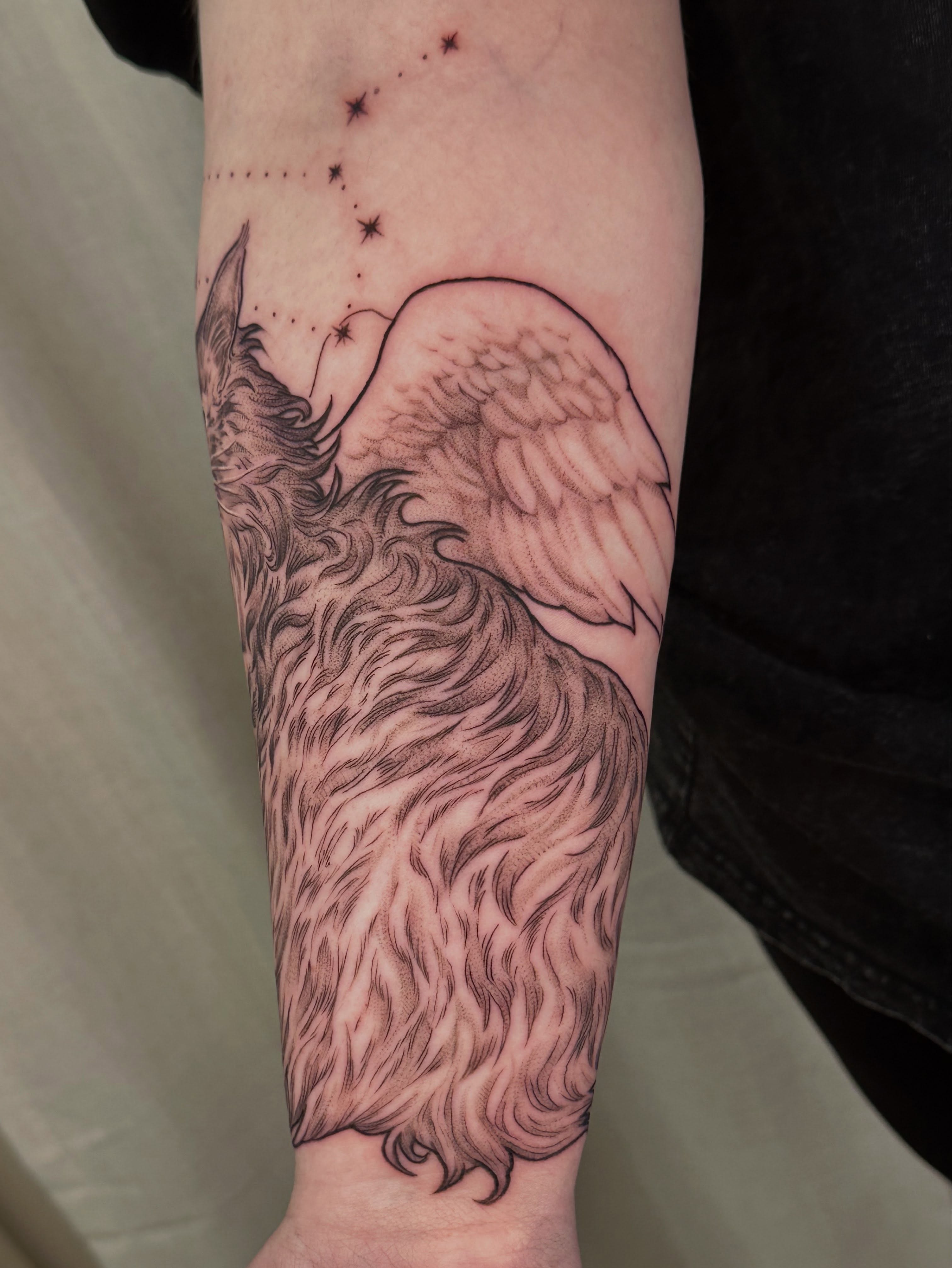 Winged creature black and grey tattoo on the forearm by ɪᴍᴏɢᴇɴ 🏳️🌈 sᴇᴀᴛᴛʟᴇ ᴛᴀᴛᴛᴏᴏ ᴀʀᴛɪsᴛ, Seattle, Washington