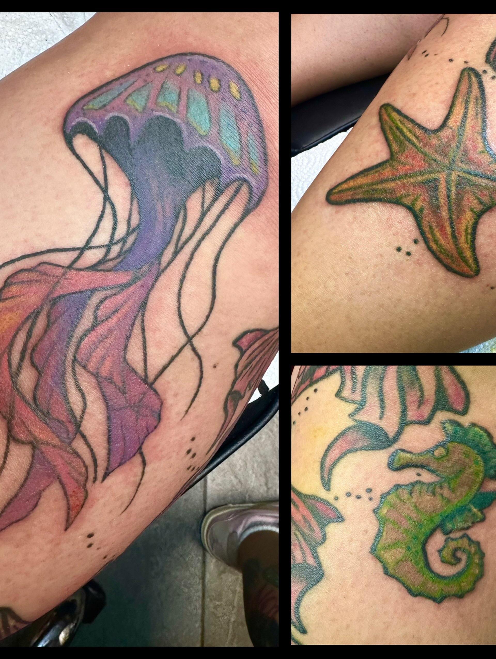 Jellyfish and starfish dotwork tattoo on the thigh by Mikaila Jean