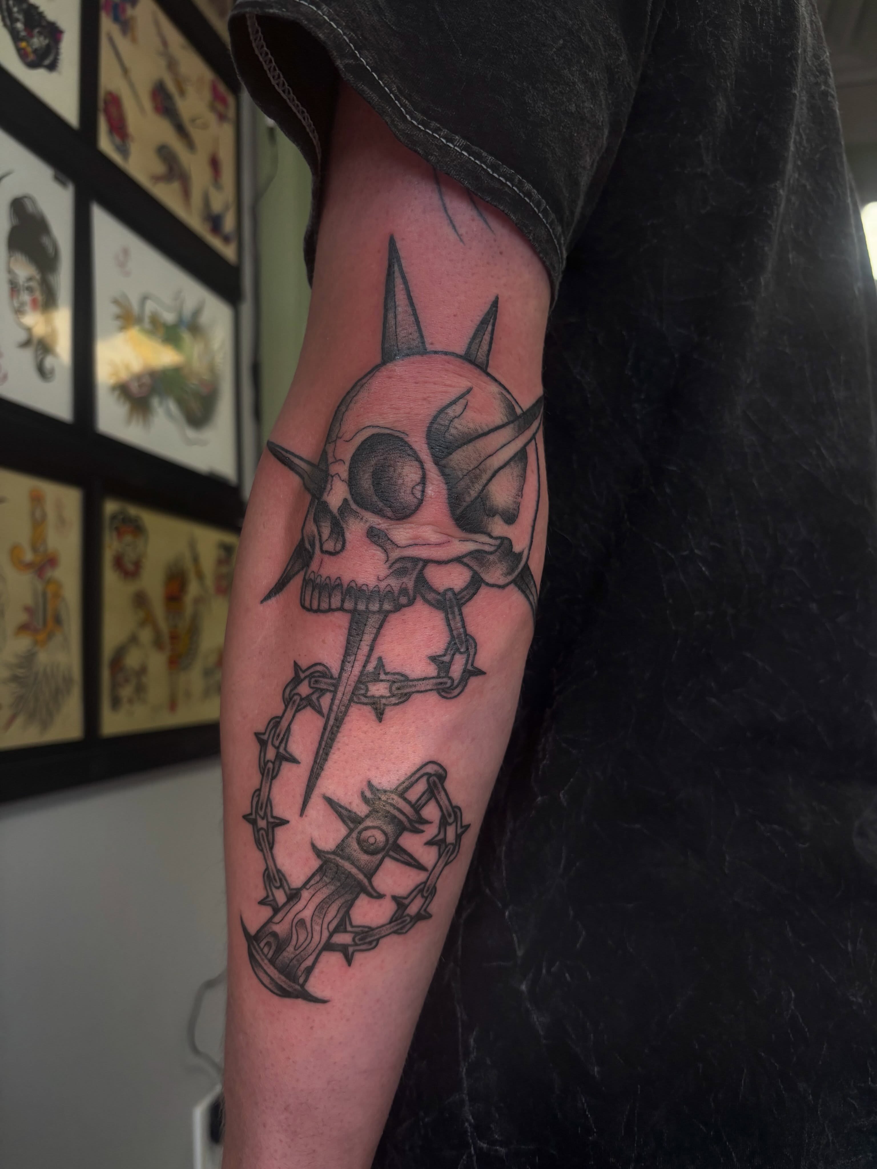 Skull and crossbow black and grey tattoo on the forearm by ✯ ❀ emily ruth ❀ ✯
