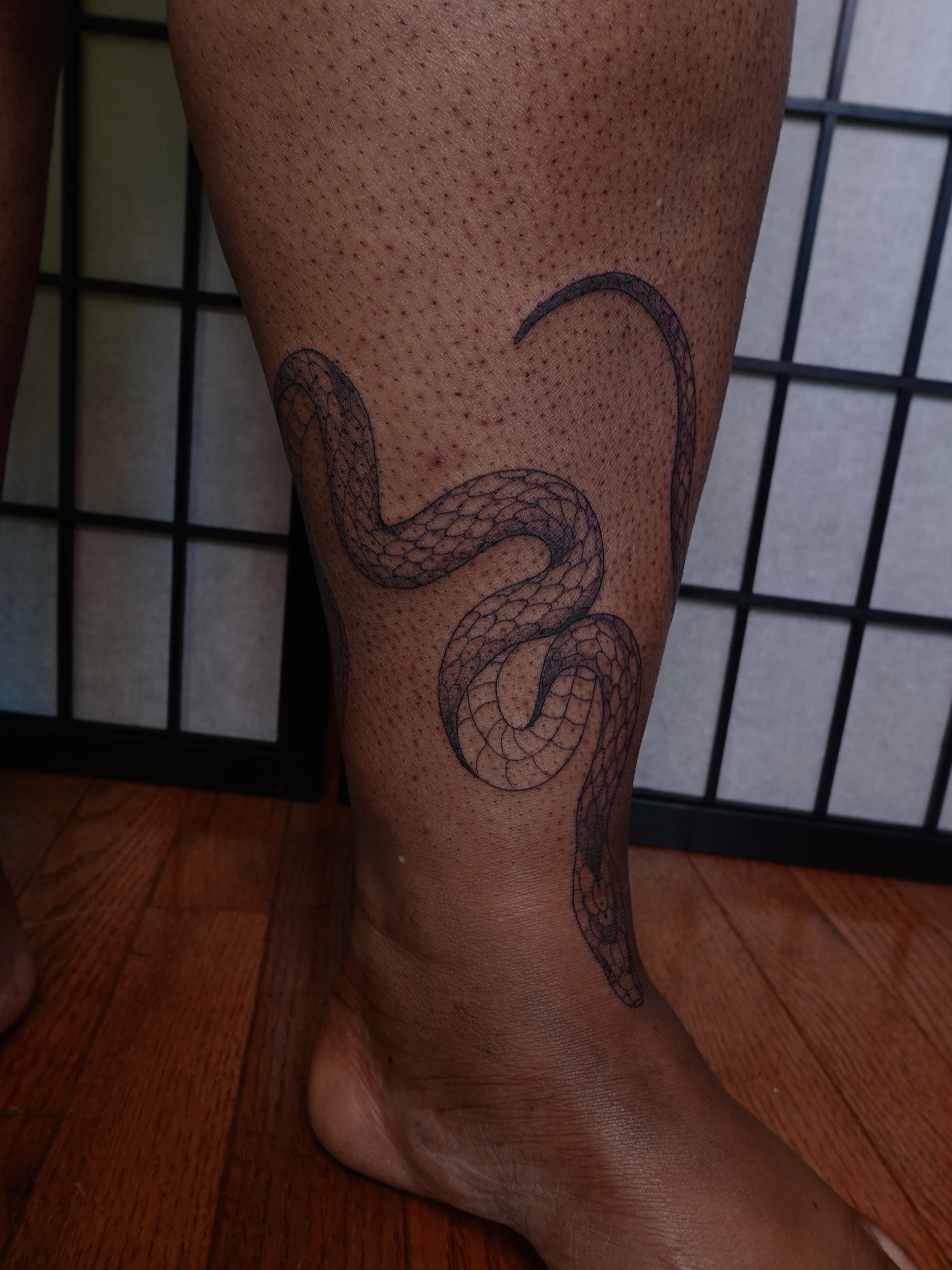 Snake black and grey tattoo on the calf by jun