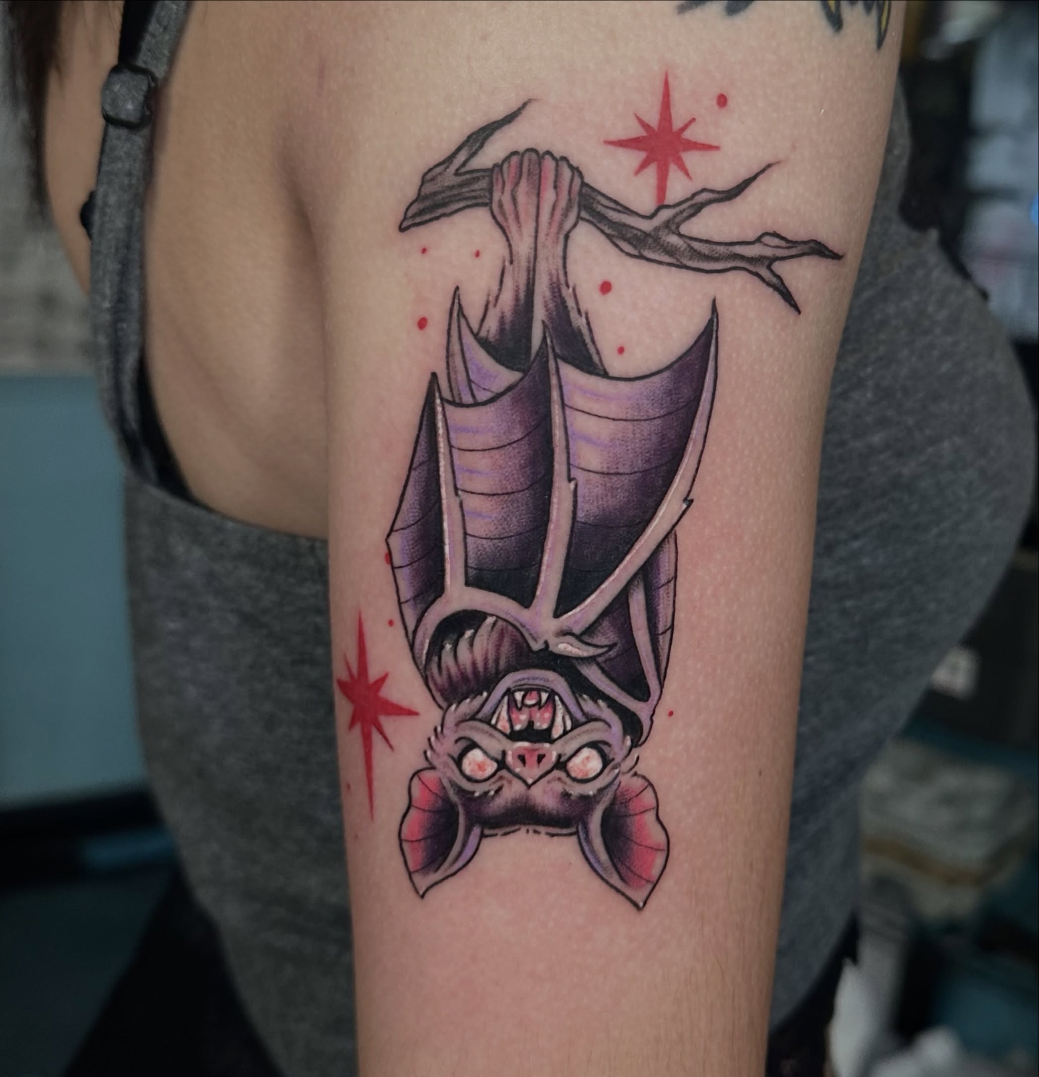 Bat American traditional tattoo on the forearm by Savy Rasor, Austin, Texas
