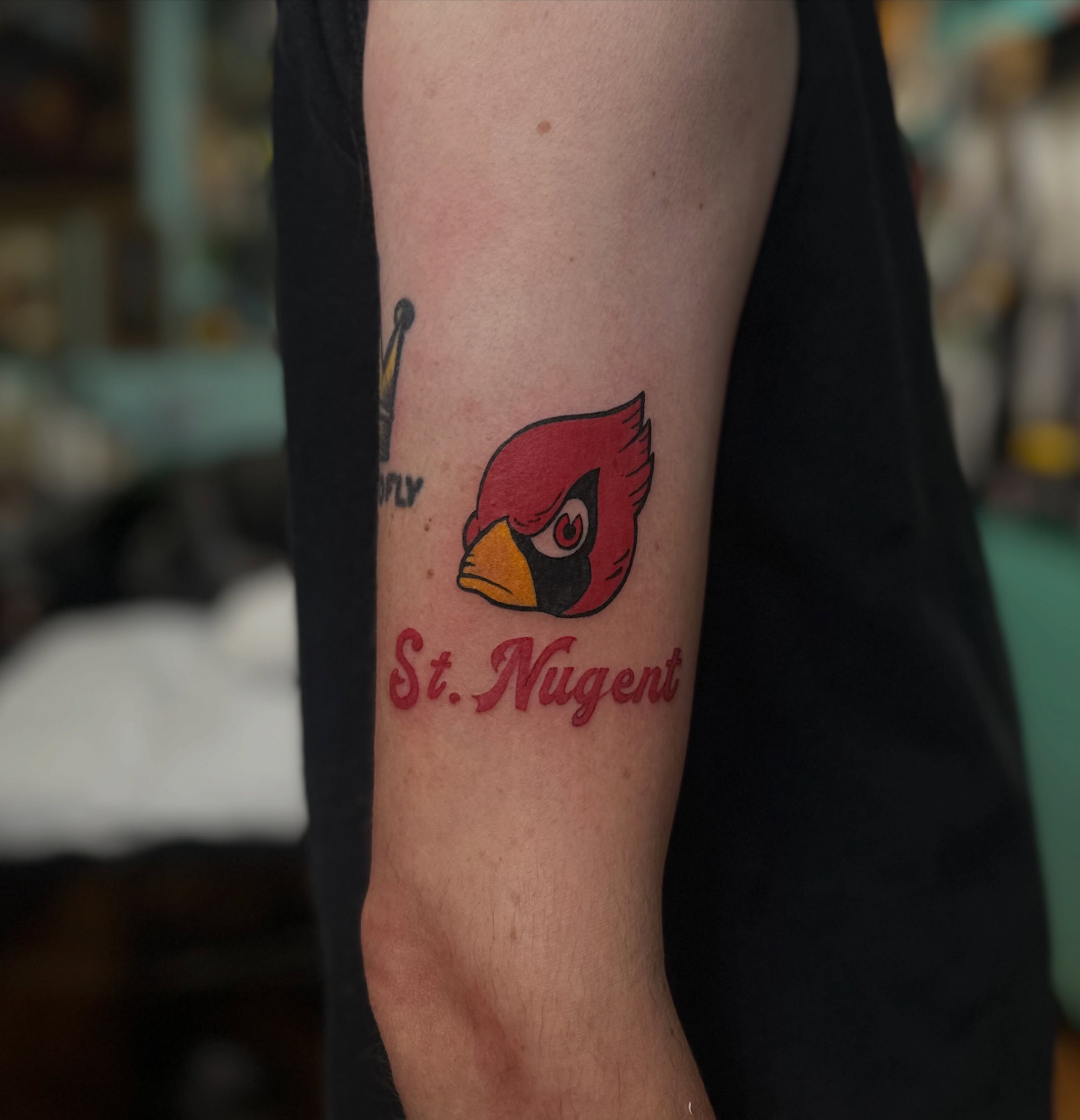 Cardinal bird American traditional tattoo on the forearm by Savy Rasor, Austin, Texas