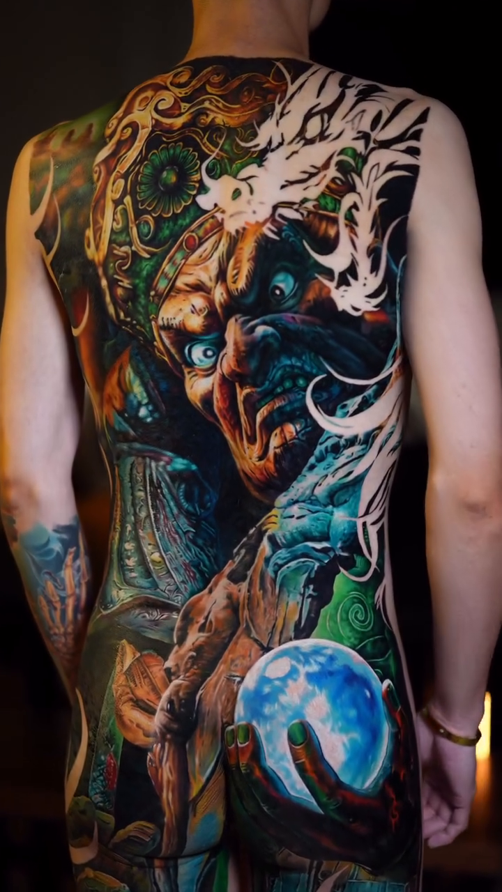 Demon holding a crystal ball japanese irezumi tattoo by Hiroto Nguyen, Perth, Western Australia