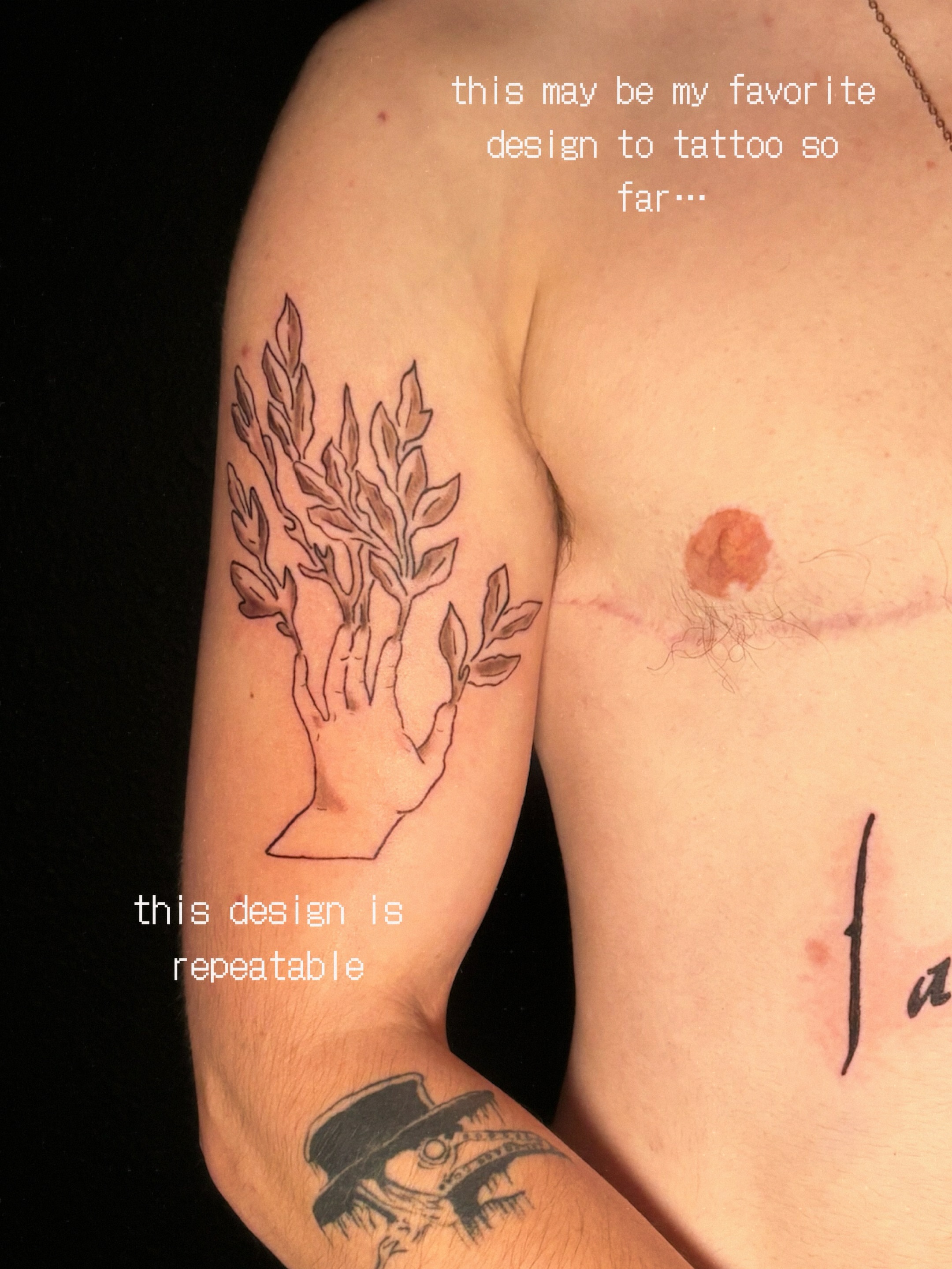 Hand with leaves fine line tattoo on the upper arm by charles