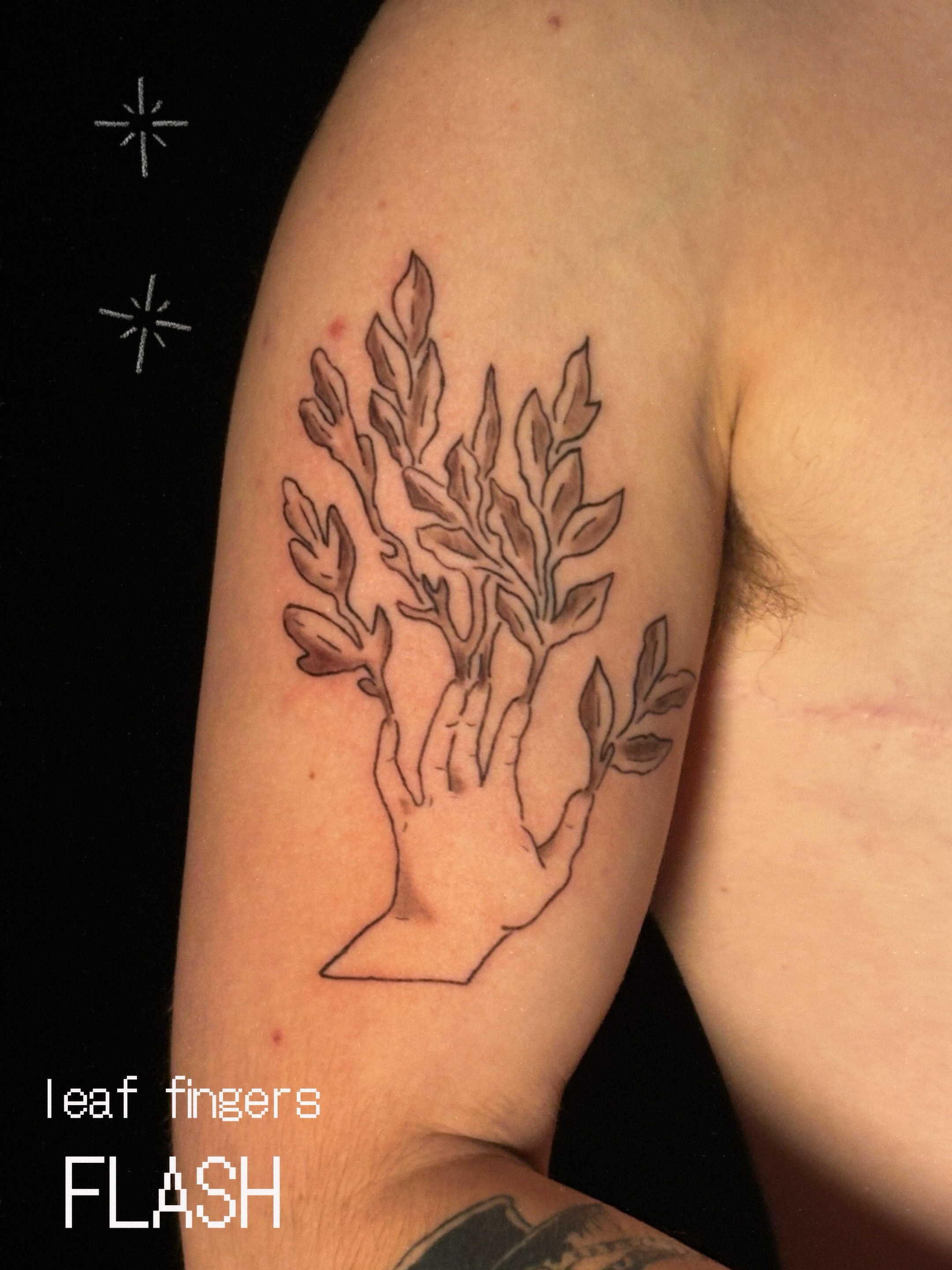 Leaf fingers fine line tattoo on the forearm by charles