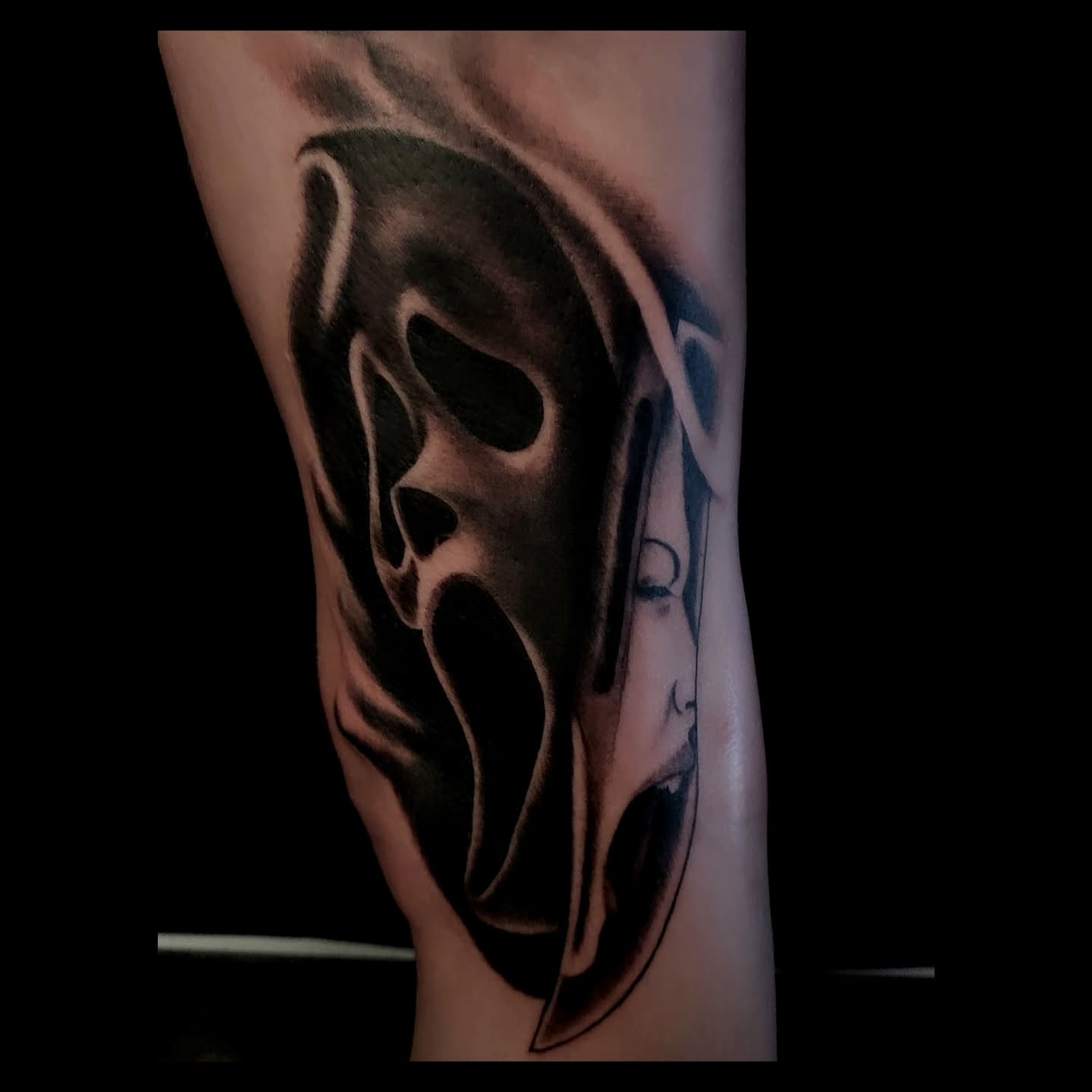Mask black and grey tattoo on the forearm by Ben Friday, Phoenix, Arizona
