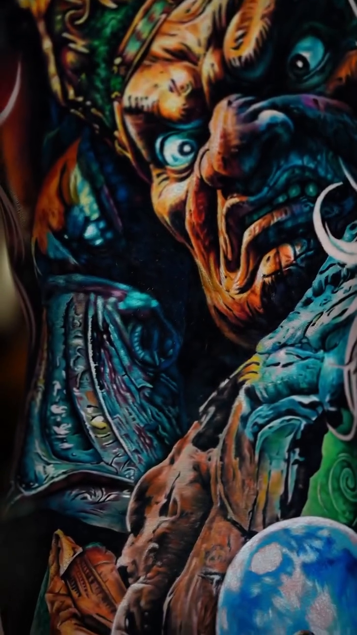 Demon holding a crystal ball japanese irezumi tattoo by Hiroto Nguyen, Perth, Western Australia