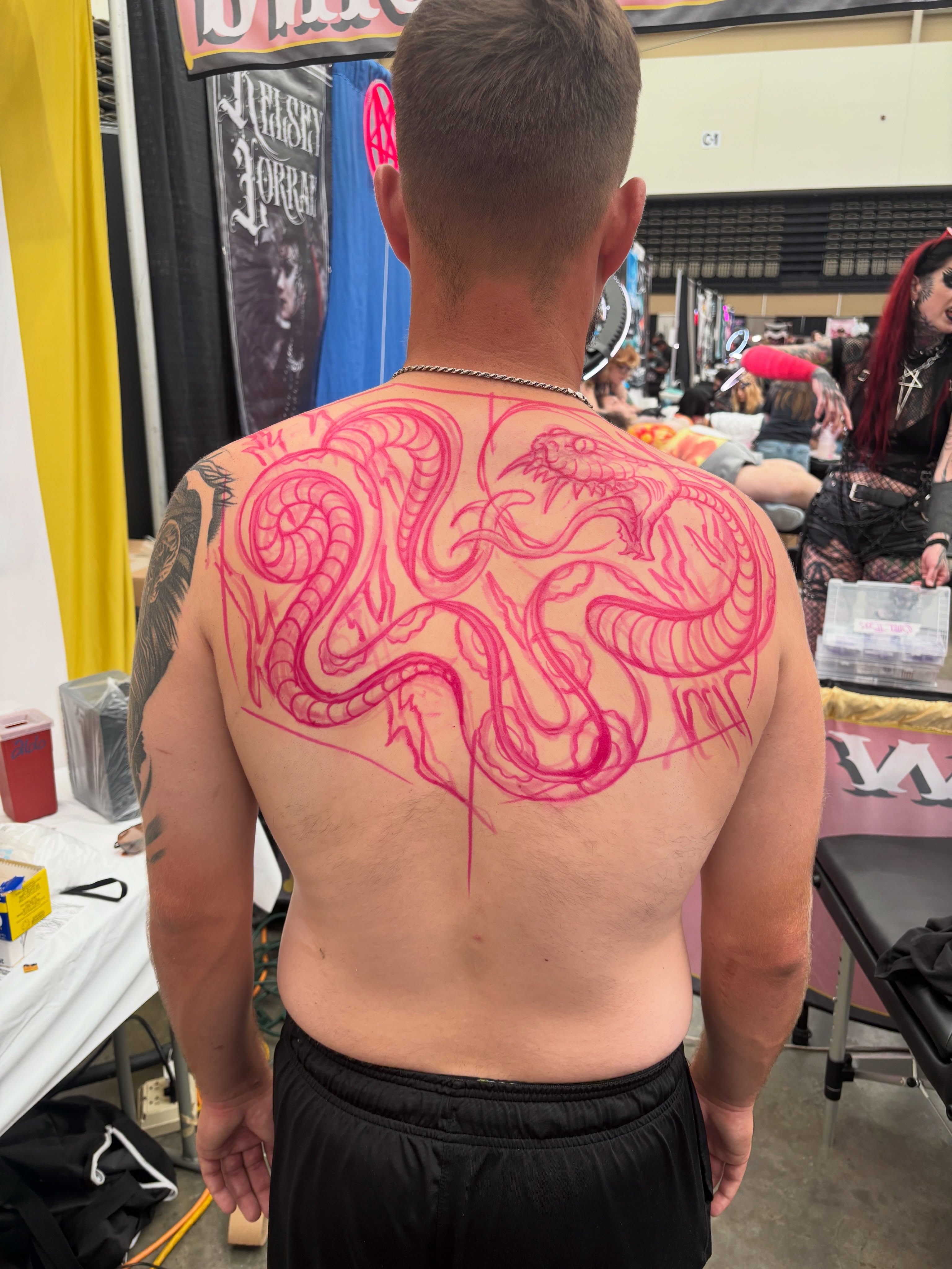 Serpent American traditional tattoo on the back by Cleen Rock One