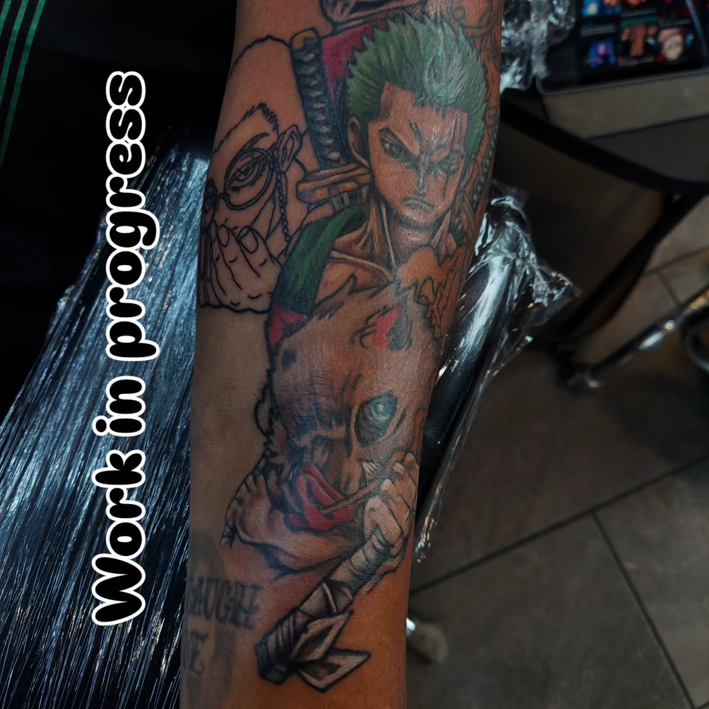 Anime characters anime tattoo on the forearm by Kari Rhoades, Marion, Iowa