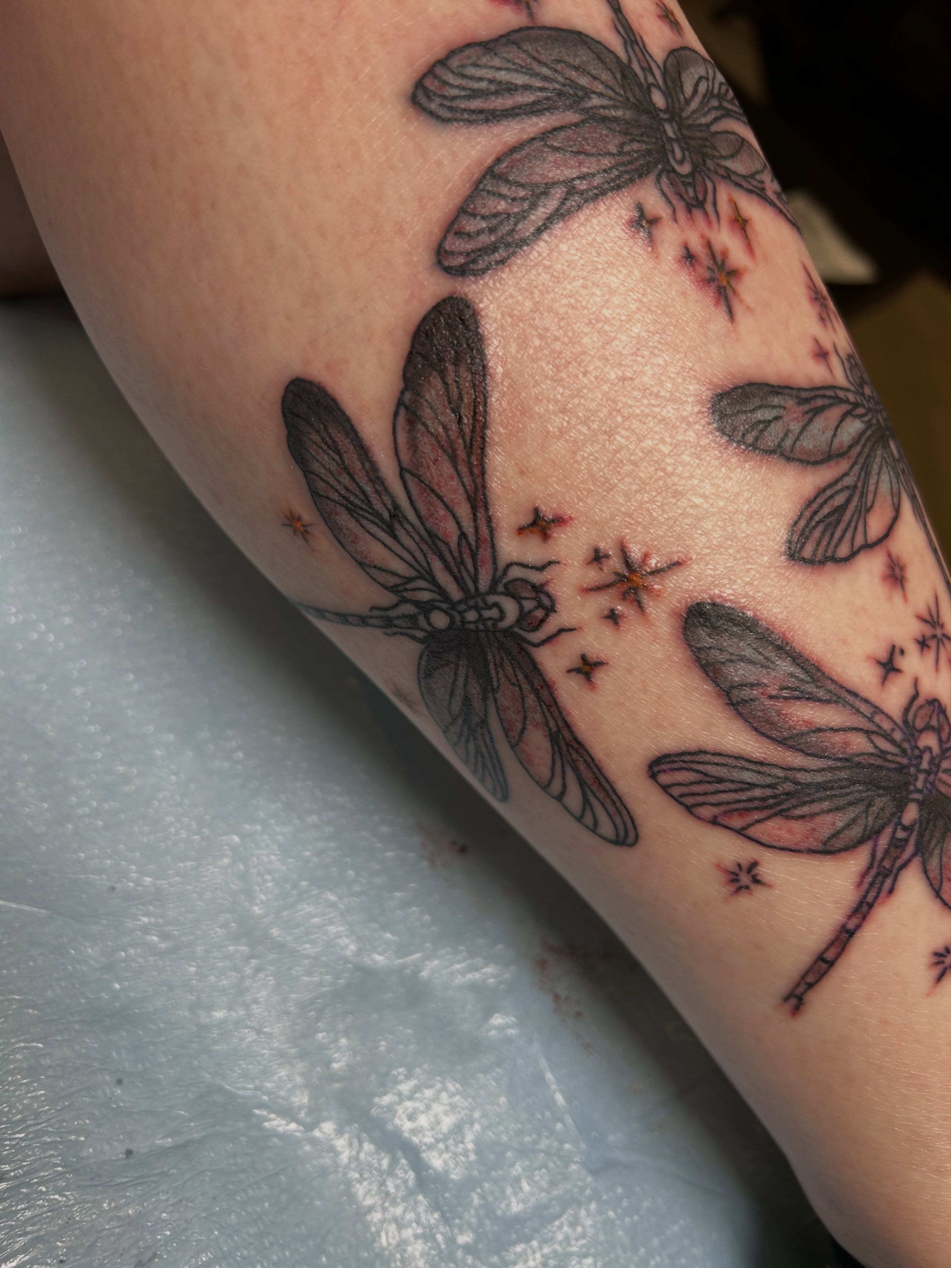 Dragonflies black and grey tattoo on the forearm by Erik Sacony