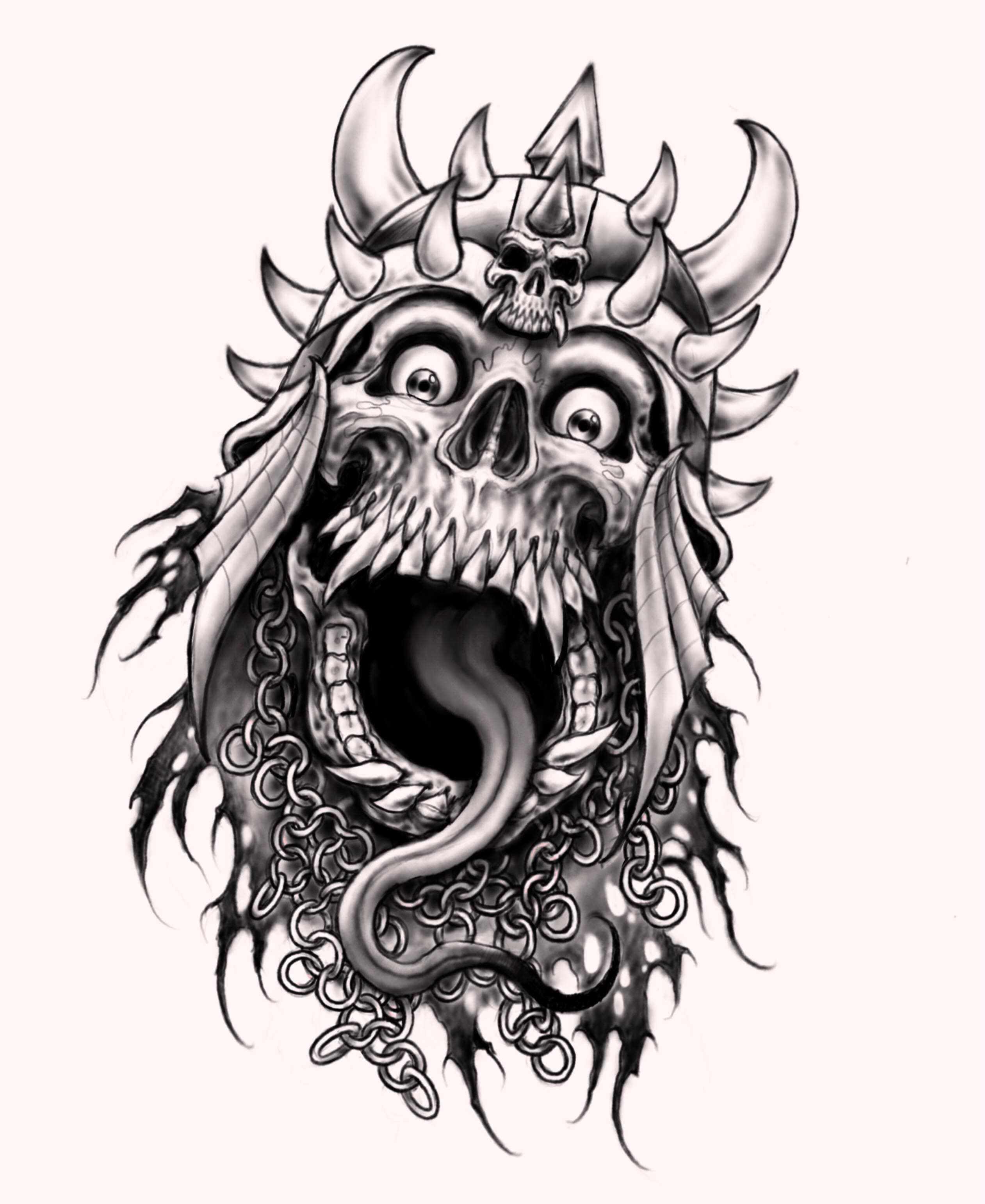 Skull with horns dark realism tattoo by ๐