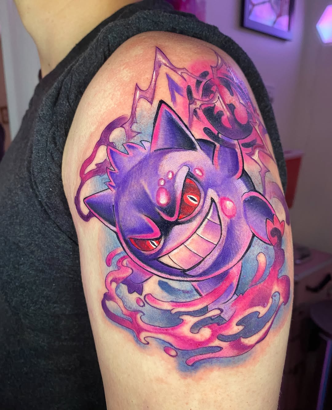 Gengar new school tattoo on the shoulder by Amy Porter