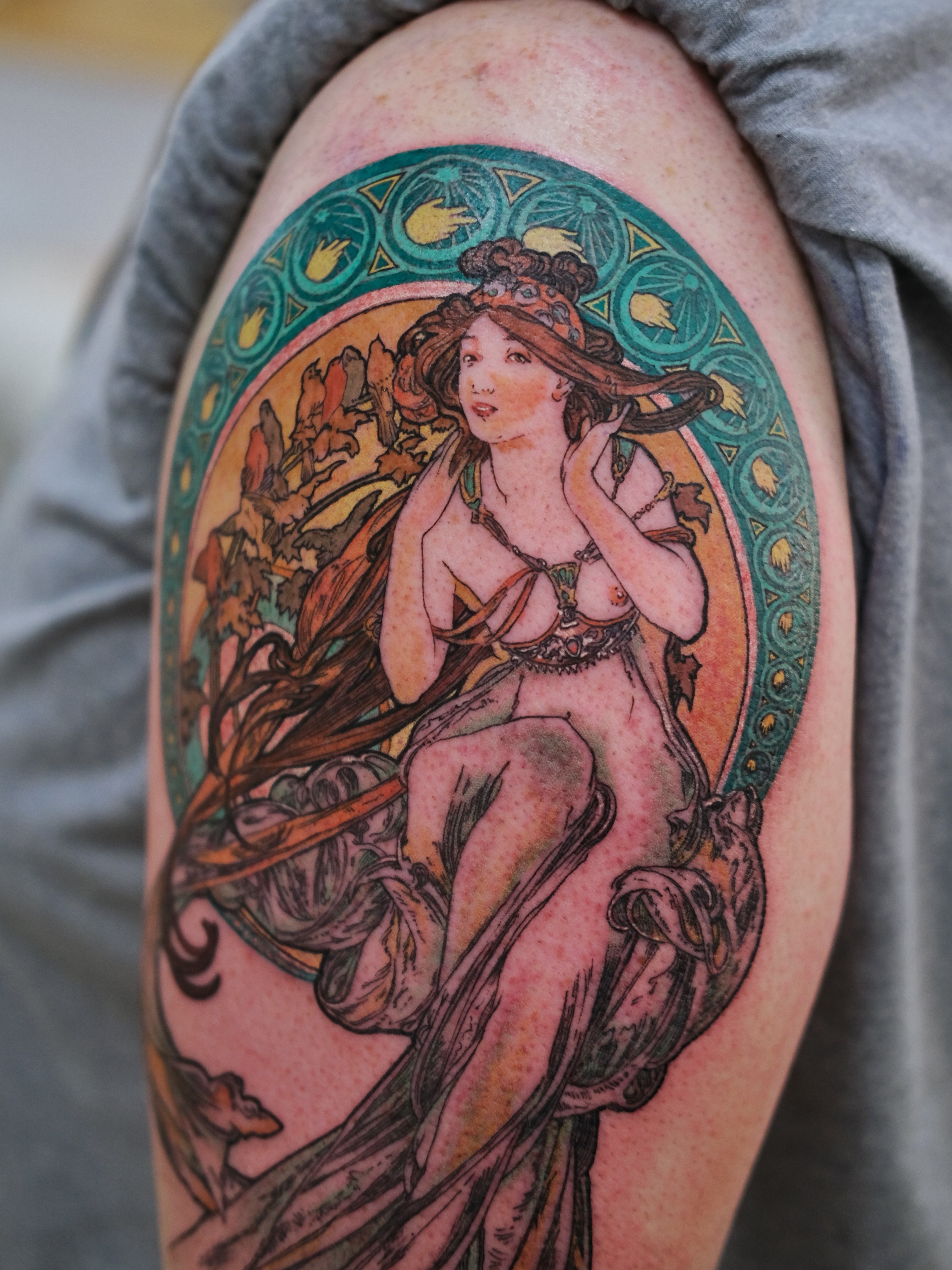 Woman in Art Nouveau style tattoo on the thigh by Jiemin Lin
