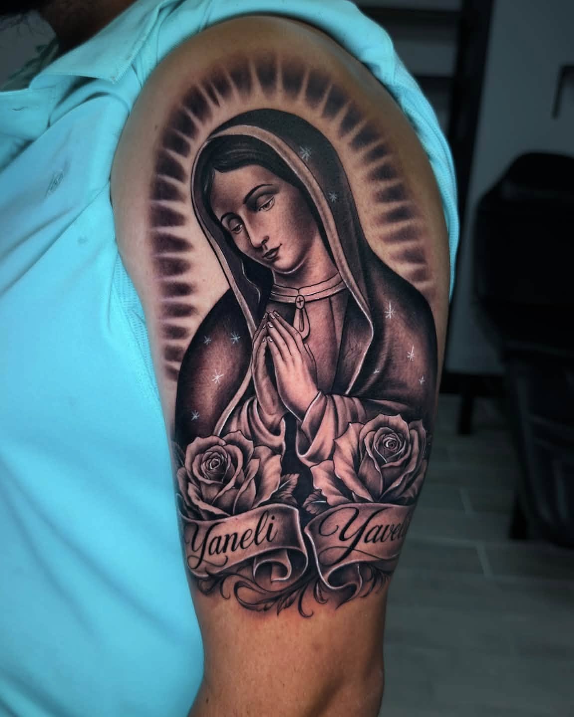 Virgin Mary realism tattoo on the forearm by Ayala Jose