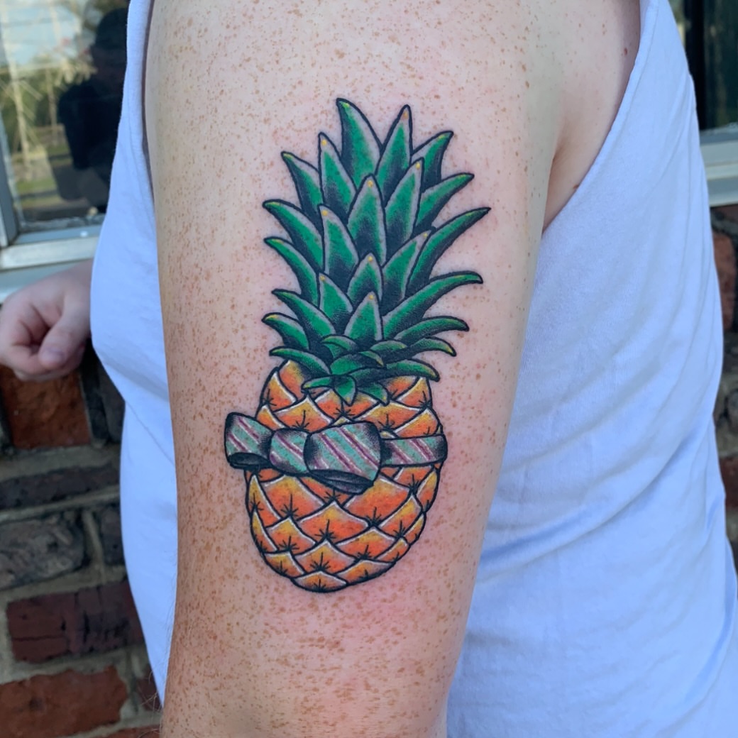 Pineapple American traditional tattoo on the forearm by Vudu Tattooer