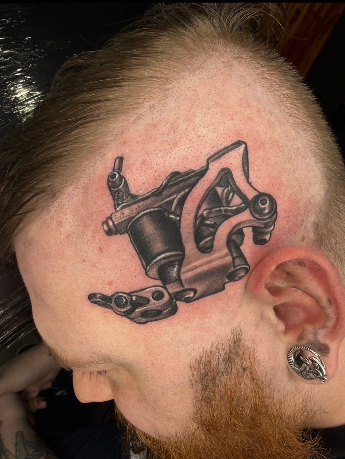 Tattoo machine realism tattoo on the head by Frank DeMao