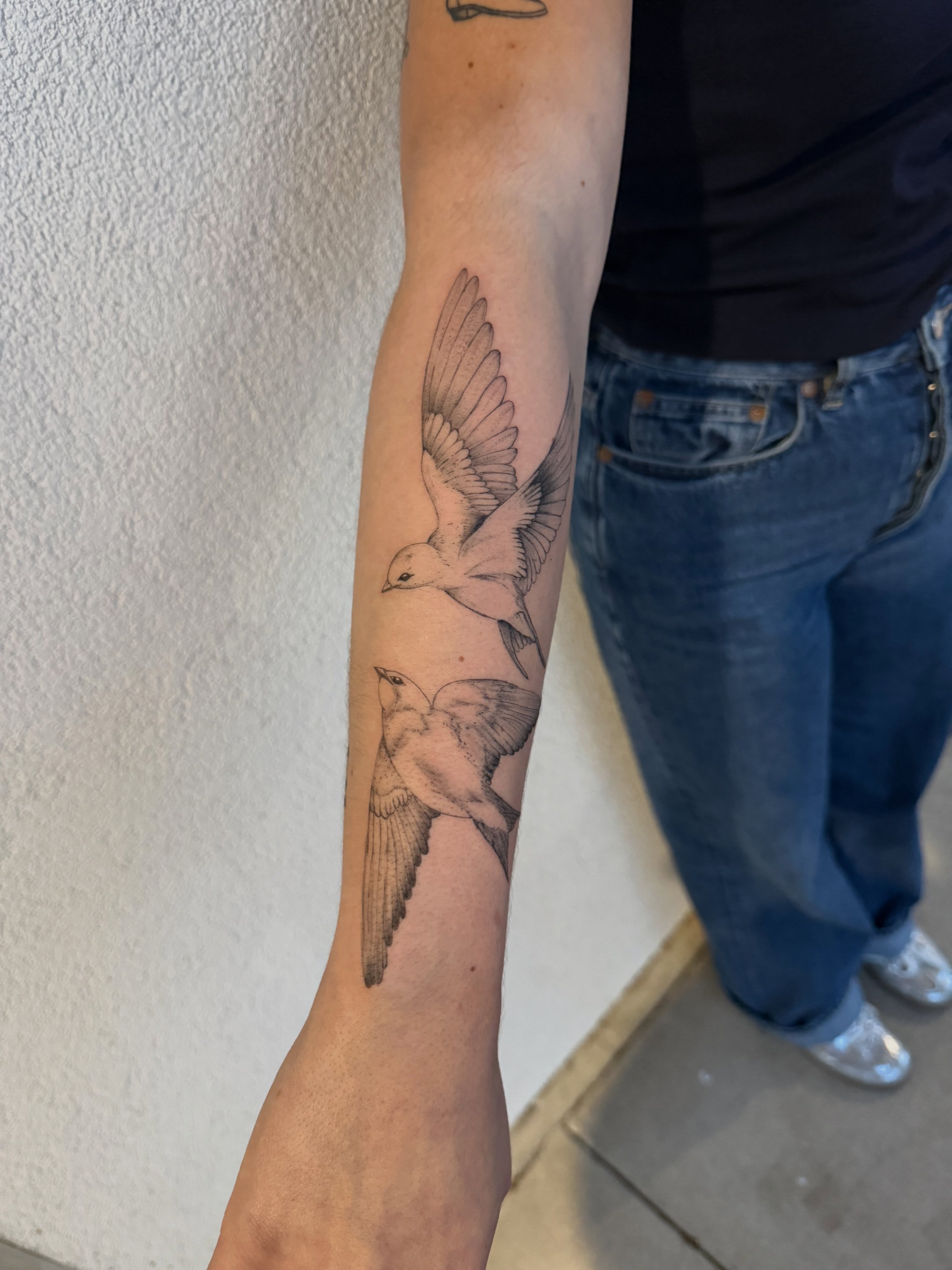 Birds black and grey tattoo on the forearm by Jacksyn, Plano, Texas