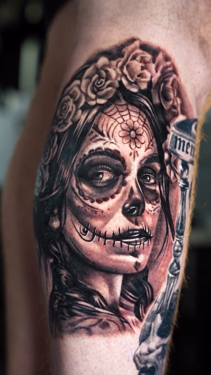 Sugar skull woman realism tattoo by Charlotte Tattoo Artist
